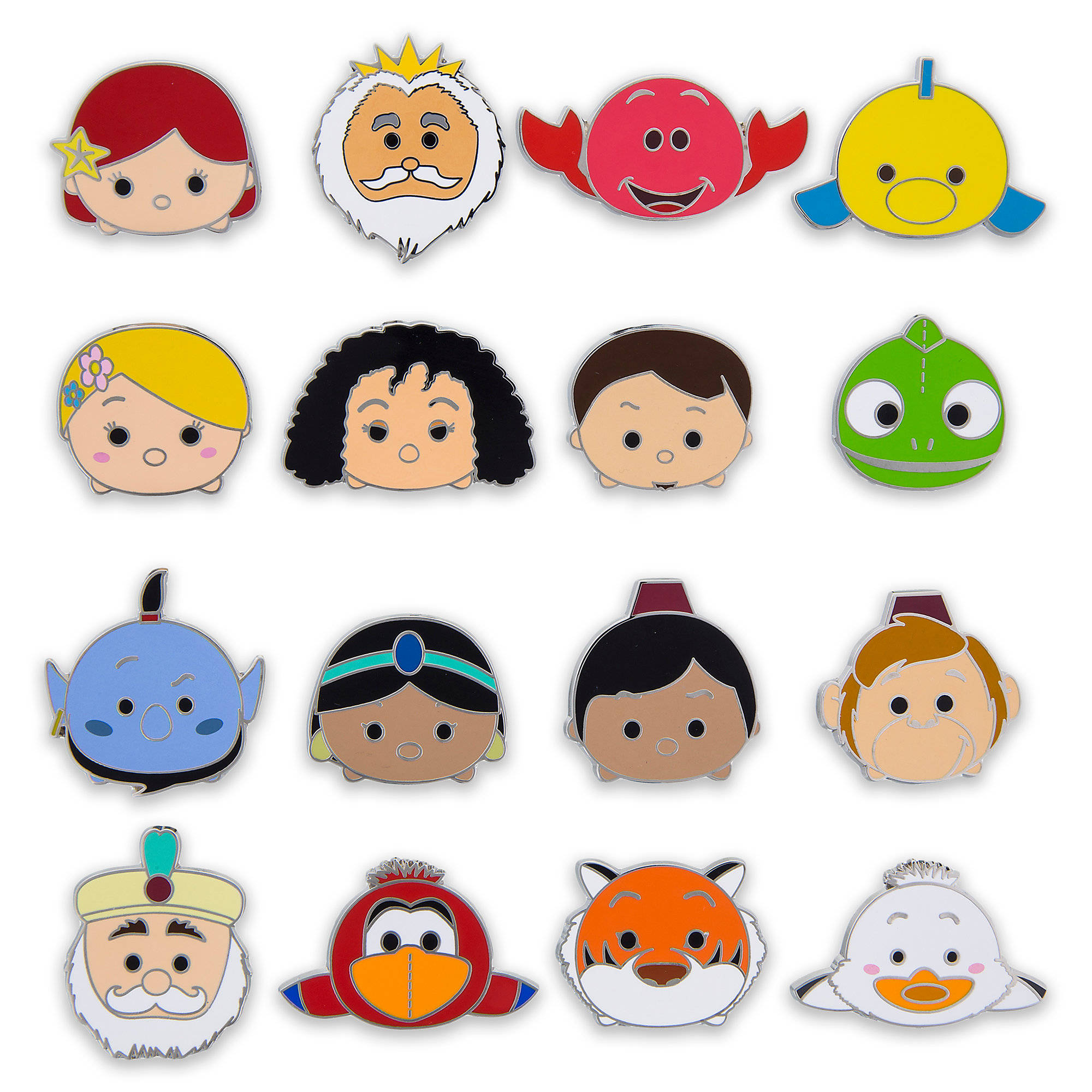 Tsum Tsum 迪士尼公主 壁紙 — 一系列色彩繽紛的迪士尼 Tsum Tsum 角色徽章，以網格排列在純白色背景上。