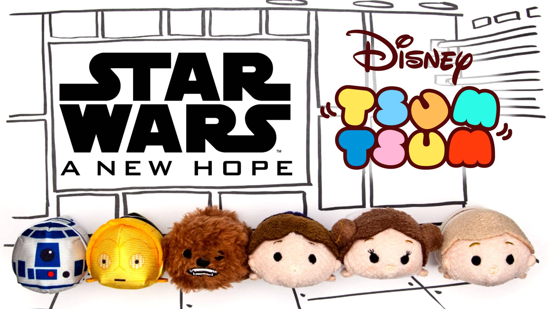 Tsum Tsum 星際大戰 壁紙 — 五個星球大戰 Tsum Tsum 毛絨角色坐在一張手繪的《新的希望》電影海報前。