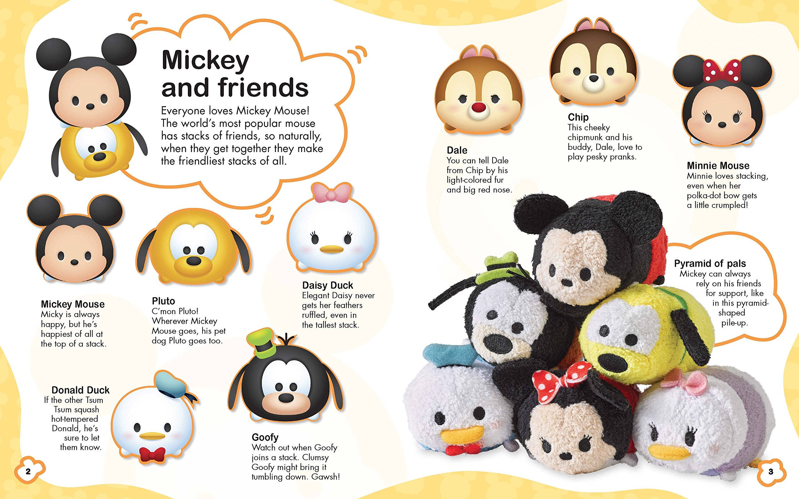 Tsum Tsum 米奇與朋友們 壁紙 — 一個歡樂的迪士尼 Tsum Tsum 毛絨角色收藏，堆疊成金字塔形狀，周圍有描述性文字。