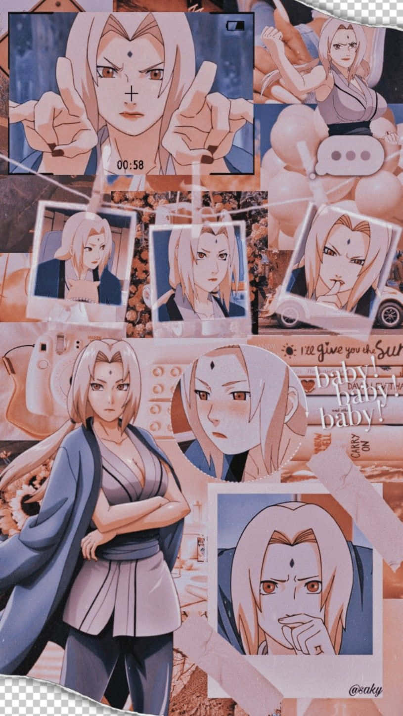 Tsunade iPhone 照片集 壁紙 — 以溫暖粉紅和蜜桃色調拼貼動漫角色春野櫻的各種姿勢和表情。
