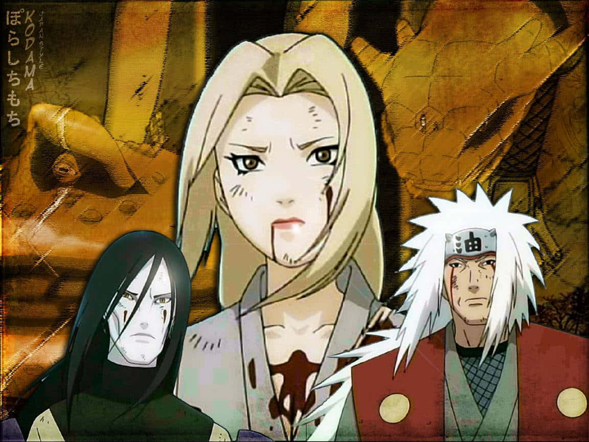 Tsunade、志村團藏與大蛇丸 iPhone 壁紙 — 三個表情強烈的動漫角色站在溫暖橙色調的龜裂大地背景前。