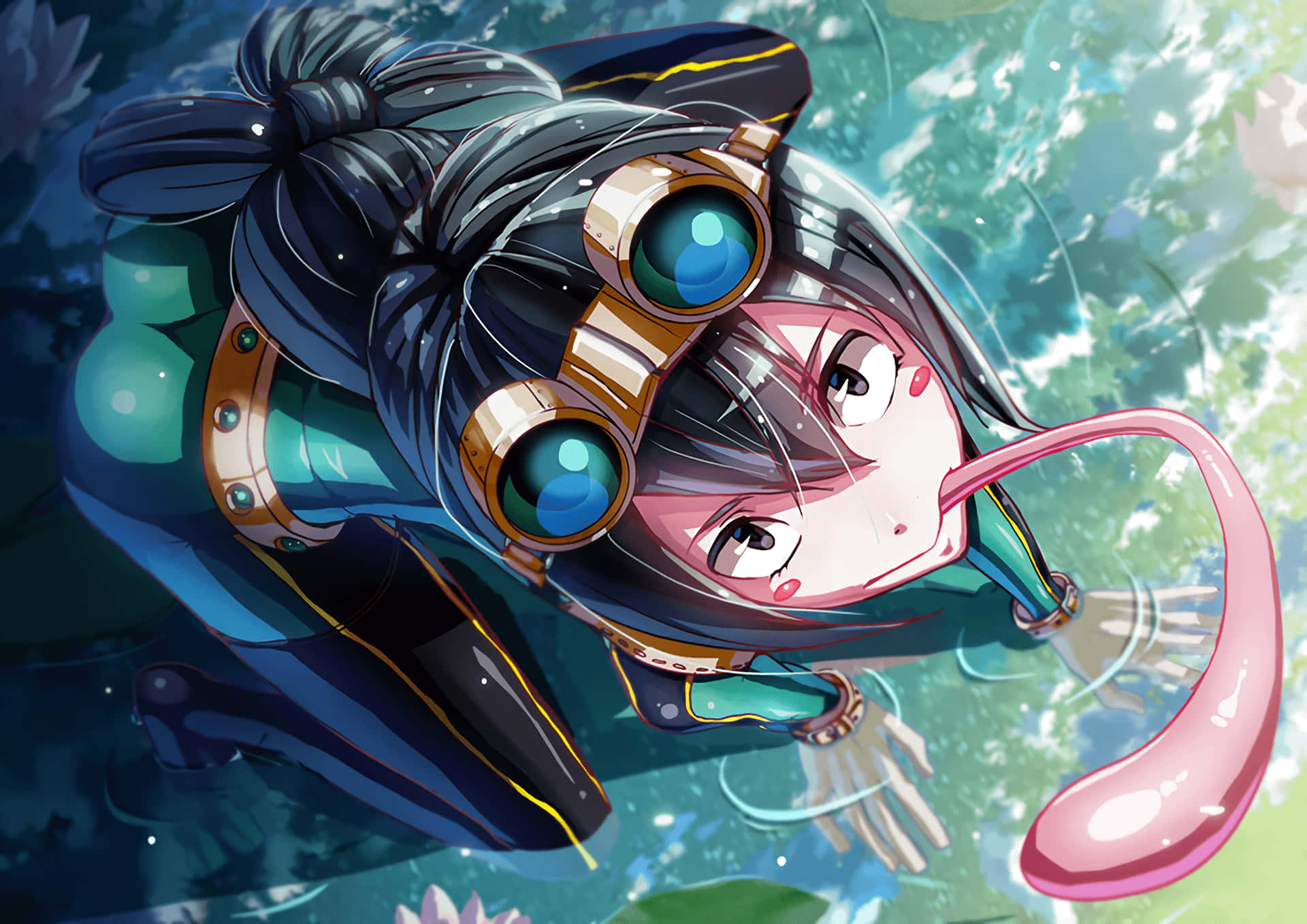Tsuyu Asui 吐舌飛行畫面 壁紙 — 一個開心的動漫女孩穿著潛水衣，戴著護目鏡，身後拖著一條粉紅色的尾巴狀附屬物在水中游泳。