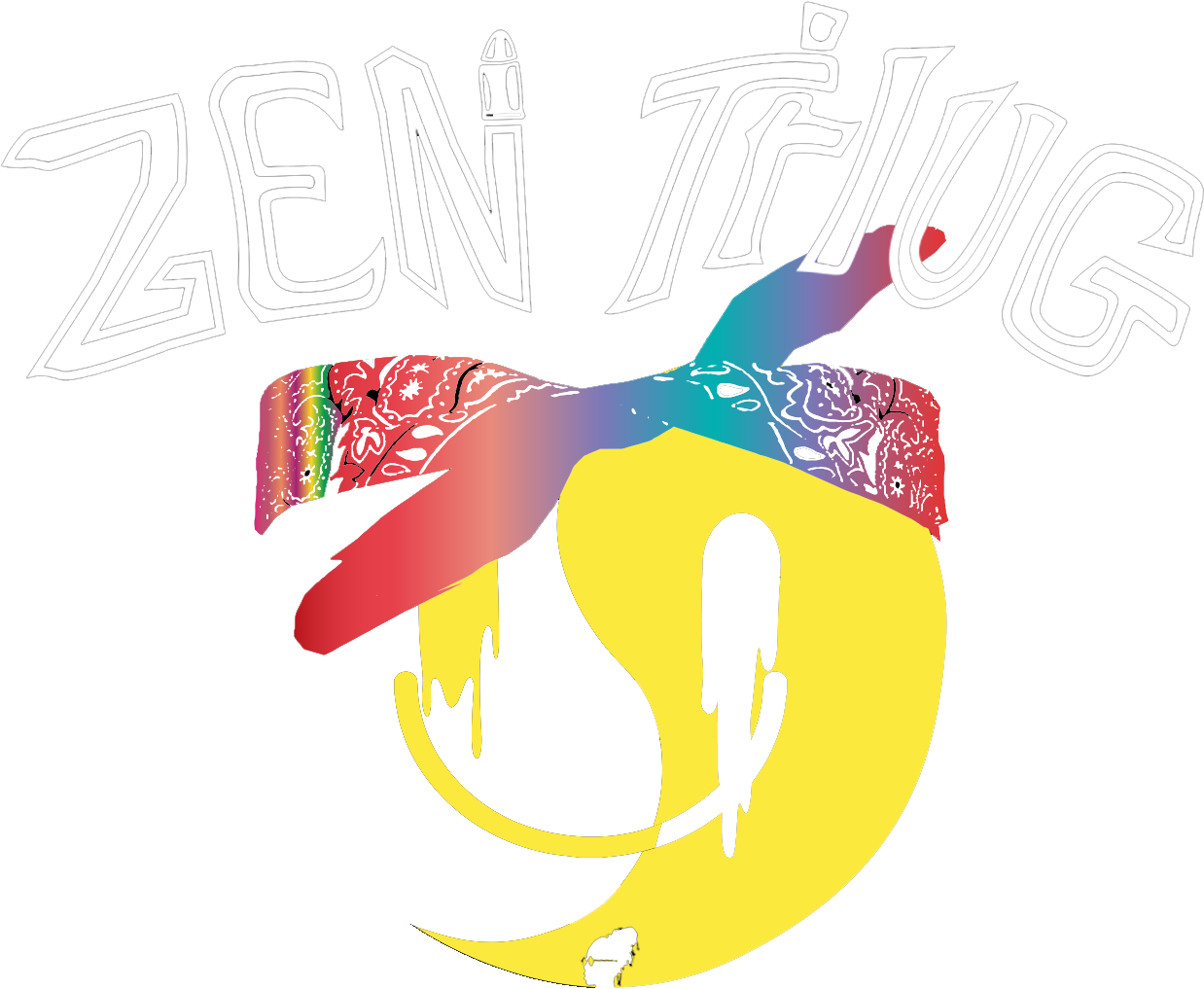 彩色禪意Tug標誌 壁紙 — 大膽的圖形標誌，上方有「ZEN TRUG」文字，下方是一個戴著彩虹頭巾的風格化黃色新月。