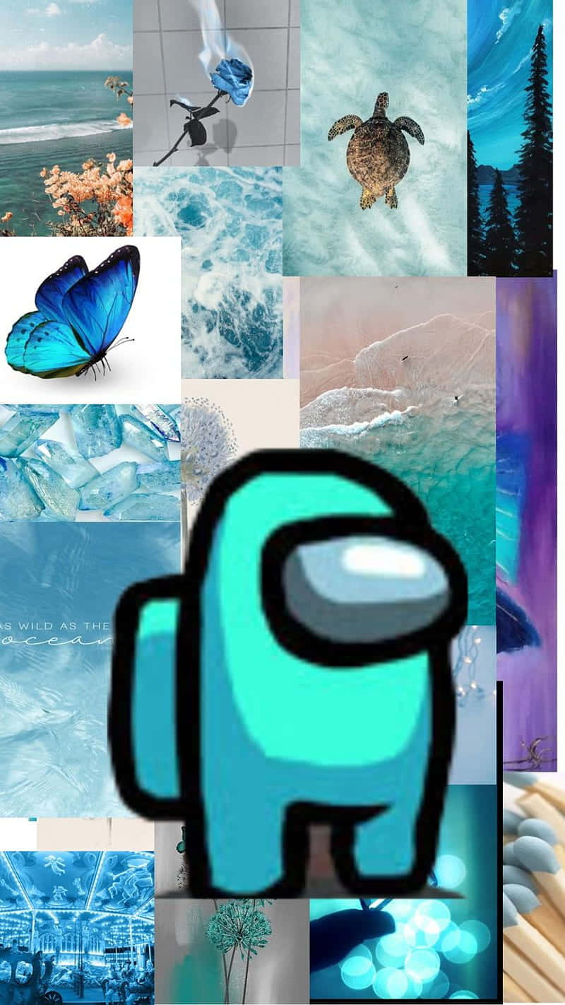 藍色拼貼酷炫 Tumblr 壁紙 — 一個青綠色的Among Us角色疊加在由海浪、蝴蝶和自然場景組成的冷藍色調拼貼畫上。