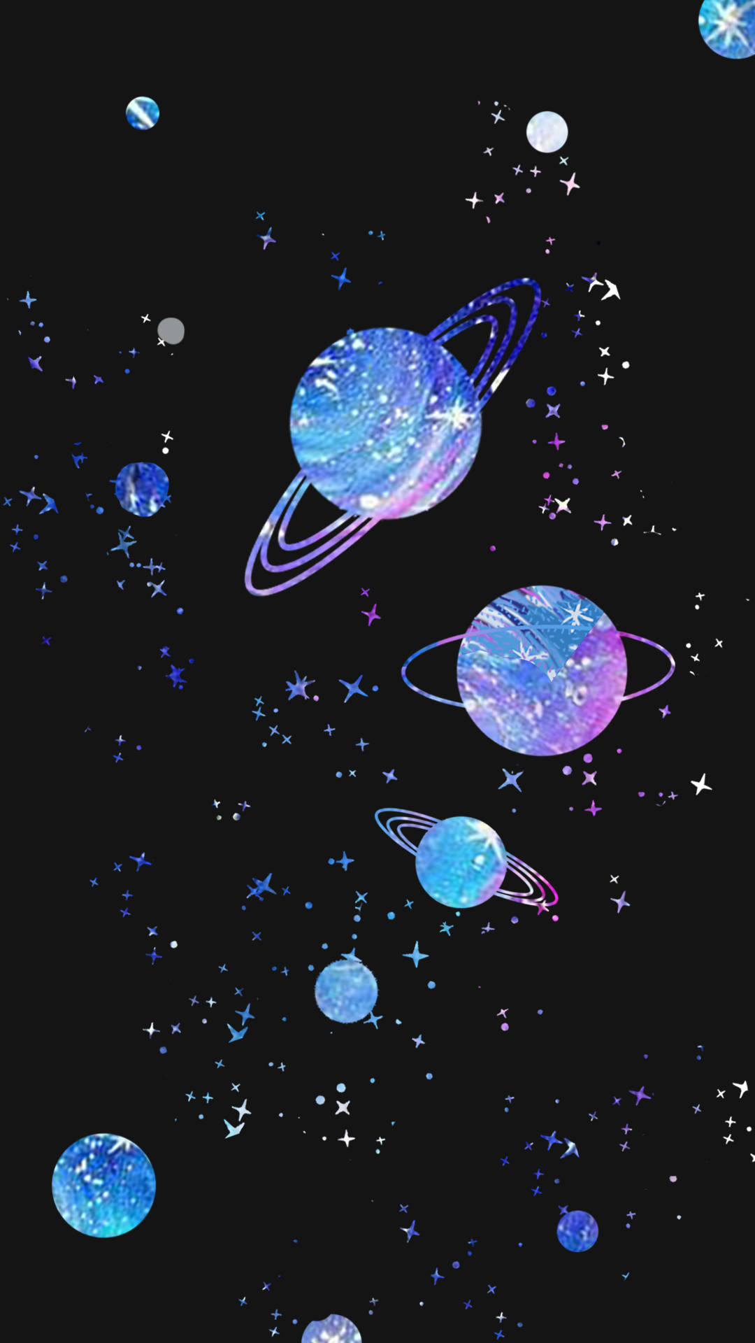 星系與行星 Tumblr 風格 壁紙 — 充滿活力的宇宙行星帶有發光環，漂浮在閃爍的星星之間，背景是深邃的黑色太空。