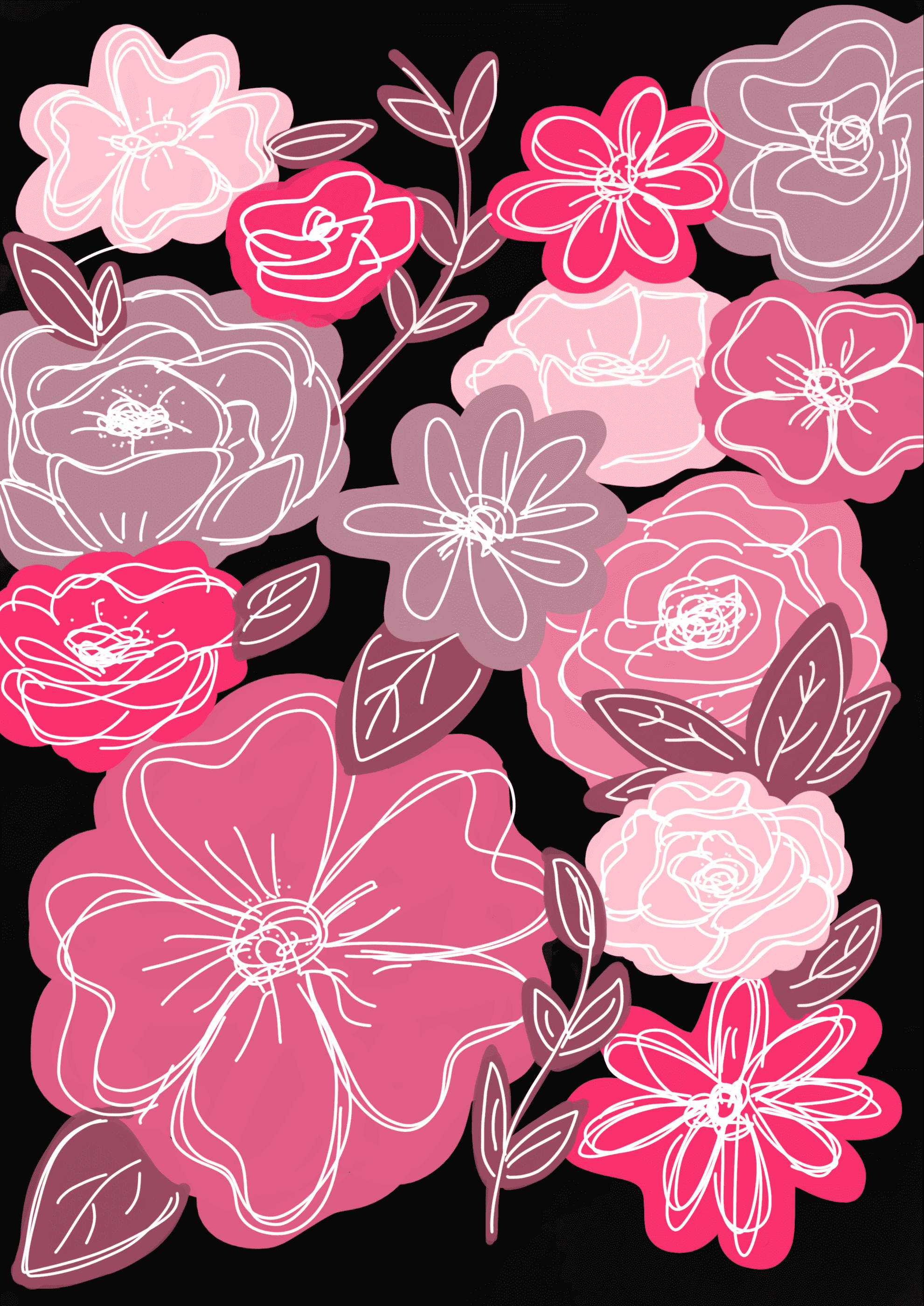 粉紅花朵線條畫 Tumblr 壁紙 — 鮮豔的粉紅色和紫紅色花朵以白色輪廓在純黑色背景上綻放，風格化插圖。