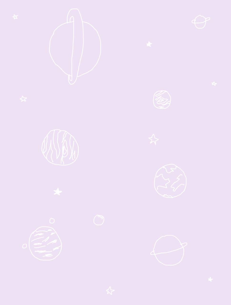 淡紫色Tumblr星球壁紙 壁紙 — 柔和的薰衣草背景，帶有精緻的白色線條繪製的行星和星星，輕輕漂浮在畫面上。