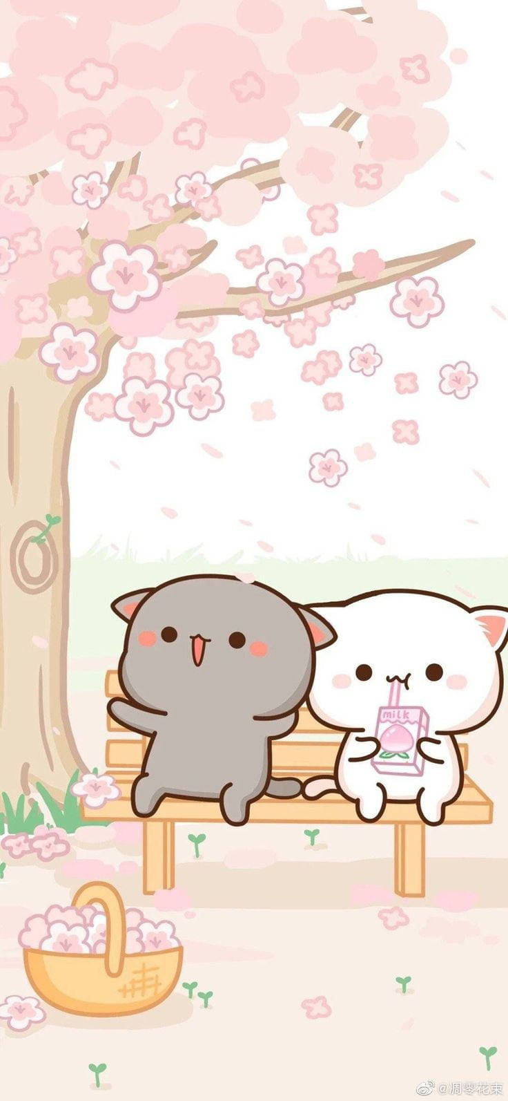黑白貓咪情侶Tumblr iPhone壁紙 壁紙 — 兩隻可愛嘅卡通貓咪坐在盛開嘅櫻花樹下，享受寧靜嘅春日。