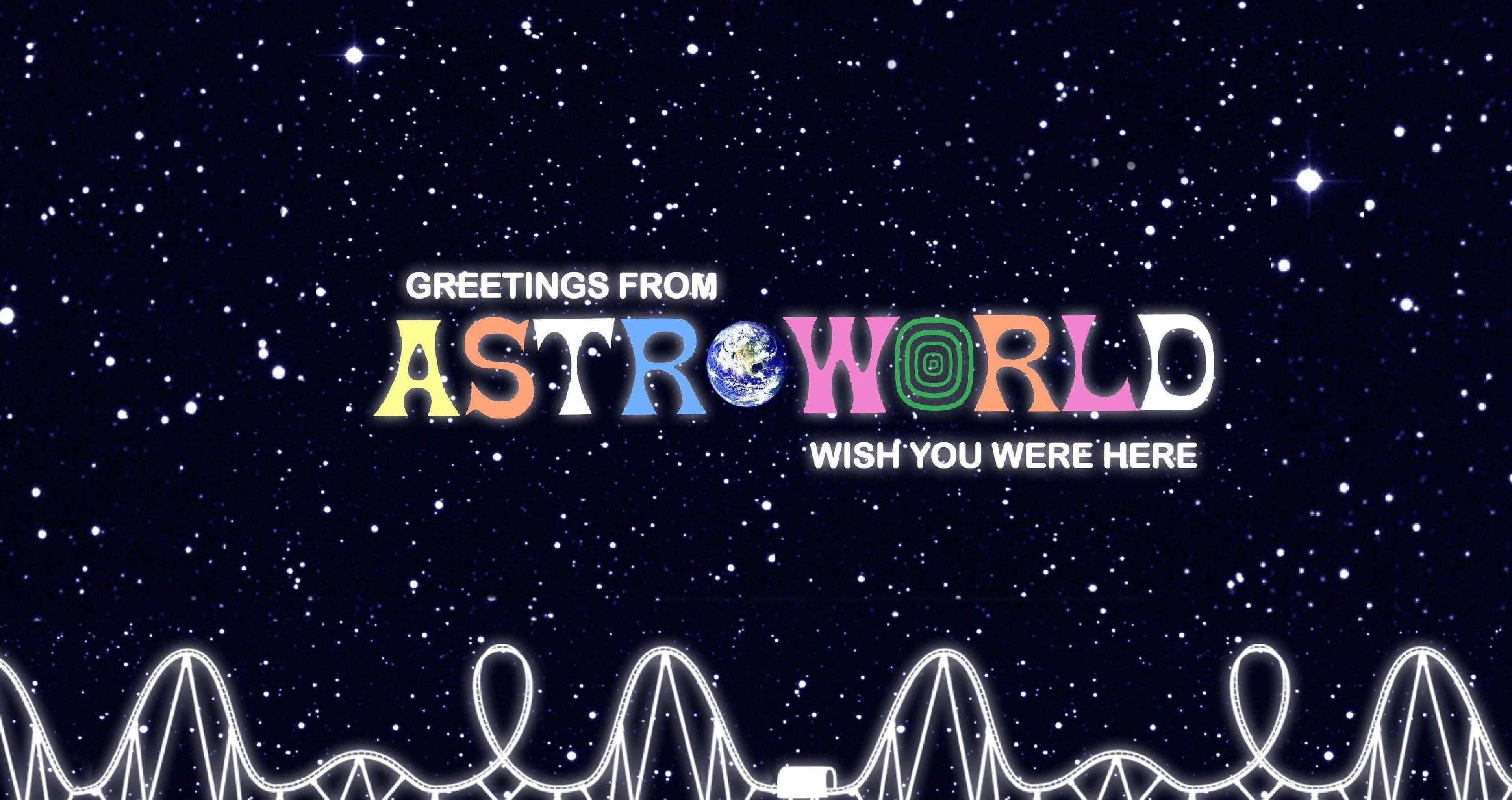 「以Tumblr美學呈現的繁星夜空」 壁紙 — 一個色彩繽紛的AstroWorld標誌漂浮在星空夜空上，下方有一條白色過山車軌道。