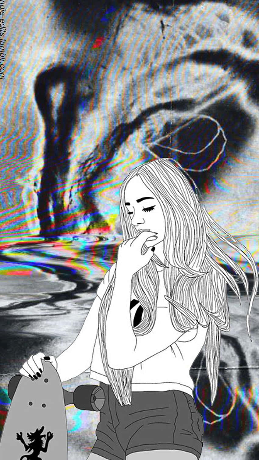 酷炫Tumblr時尚壁紙 壁紙 — 一個長髮女孩拿著滑板，站在一個故障扭曲的臉孔前，呈現超現實數位藝術風格。