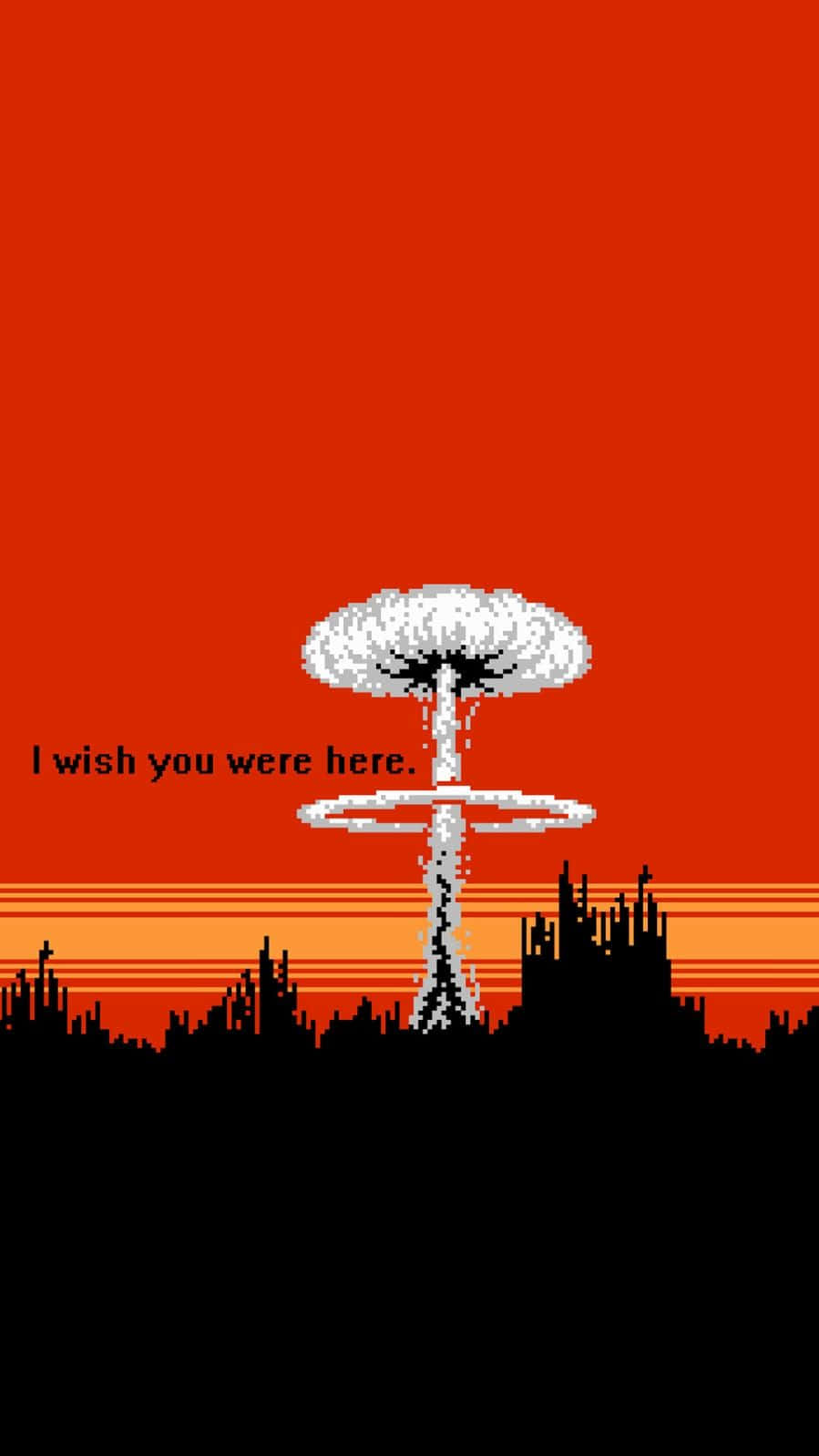 像素化核蘑菇雲覆蓋廢墟景觀，附有文字 I wish you were here