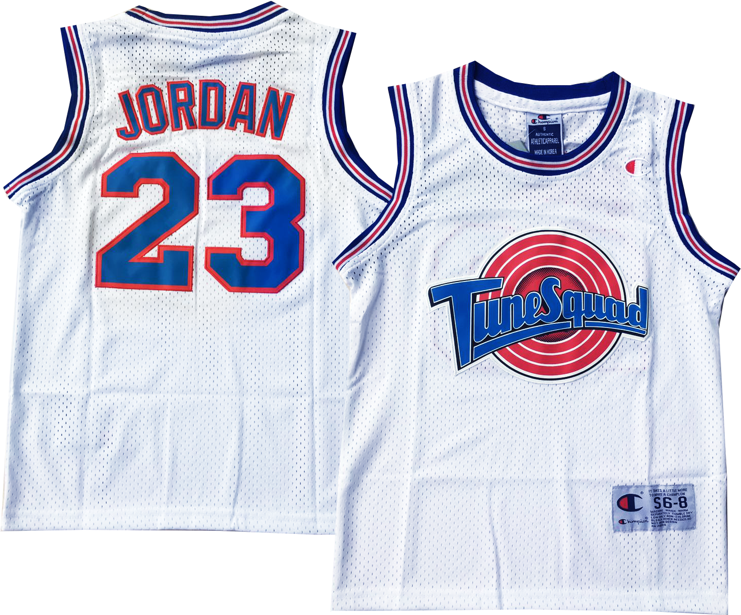 Tune Squad Jordan23 球衣 壁紙 — 白色籃球球衣，背面印有「JORDAN 23」，正面印有「Tune Squad」標誌，背景為黑色。