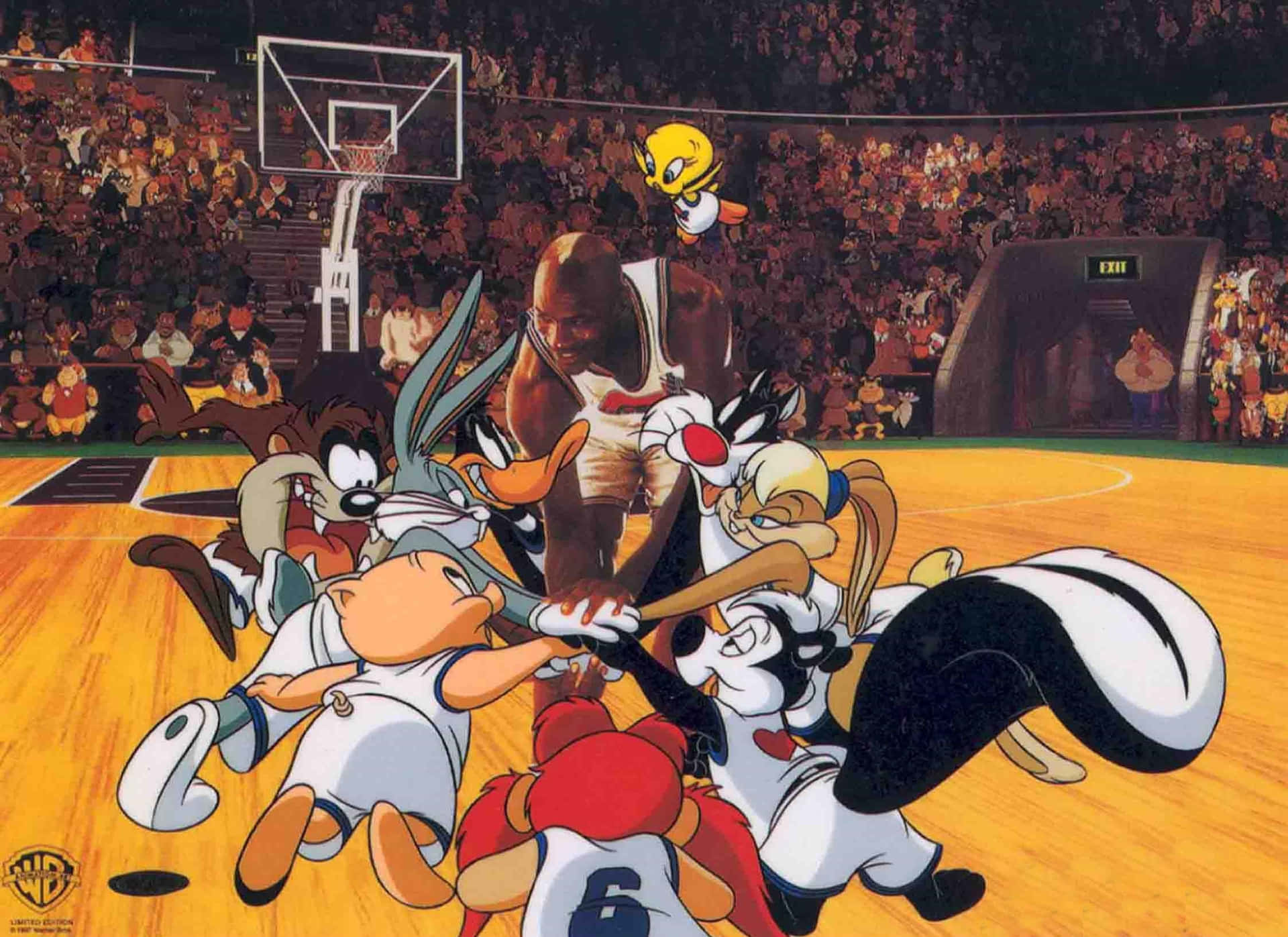 Looney Tunes 角色在米高佐敦背景下打籃球。
