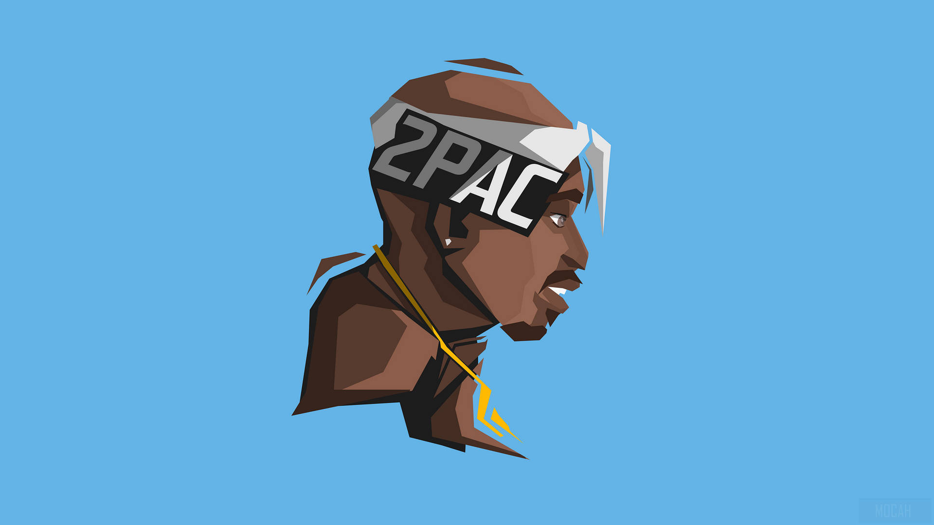風格化的幾何插圖，說唱歌手 2Pac 側面輪廓，頭帶上寫有 '2PAC'。