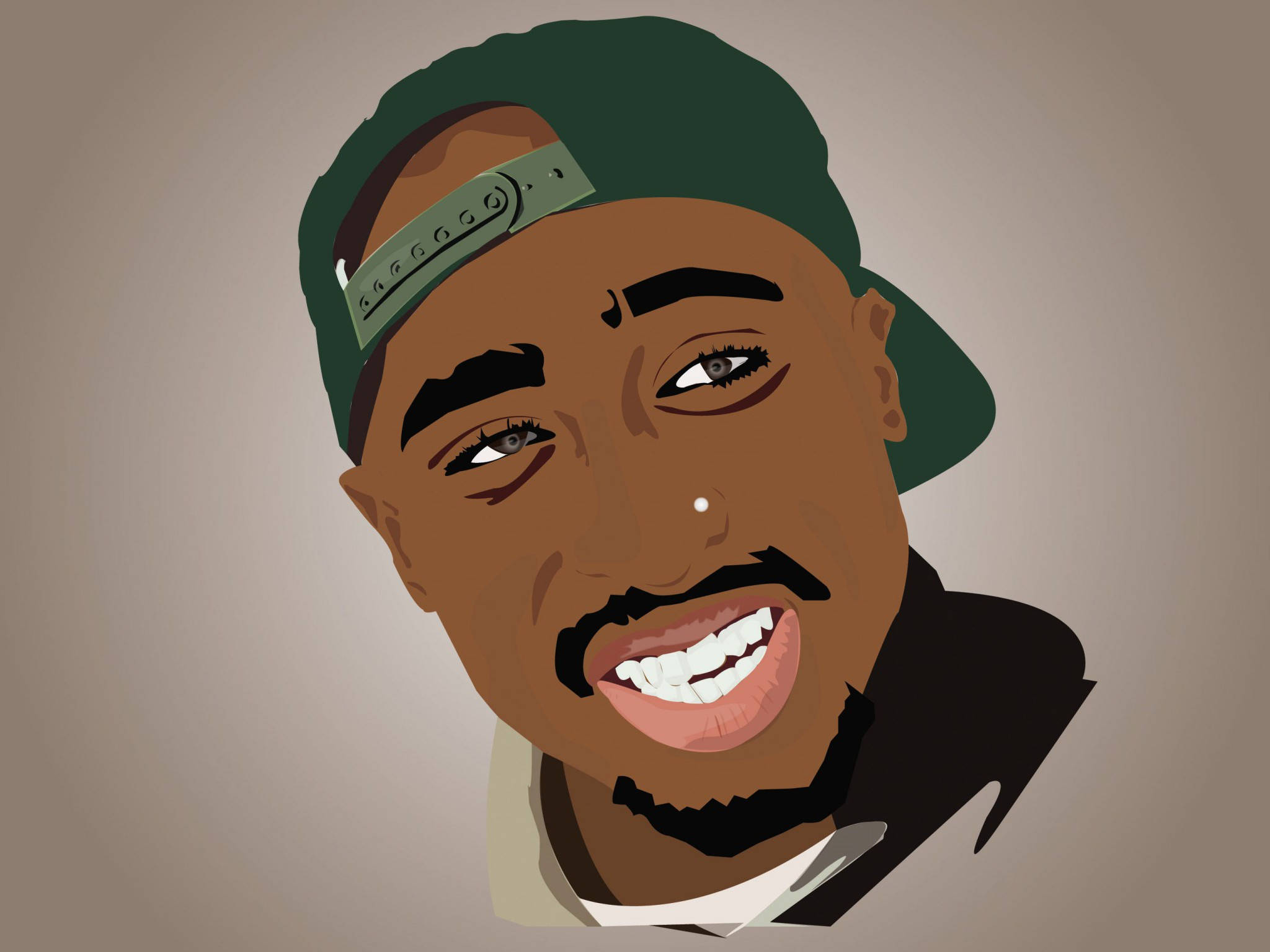 饒舌電腦 Tupac 藝術作品 壁紙 — 一幅充滿活力的數位插圖，描繪了Tupac Shakur戴著綠色棒球帽，露出燦爛的笑容。
