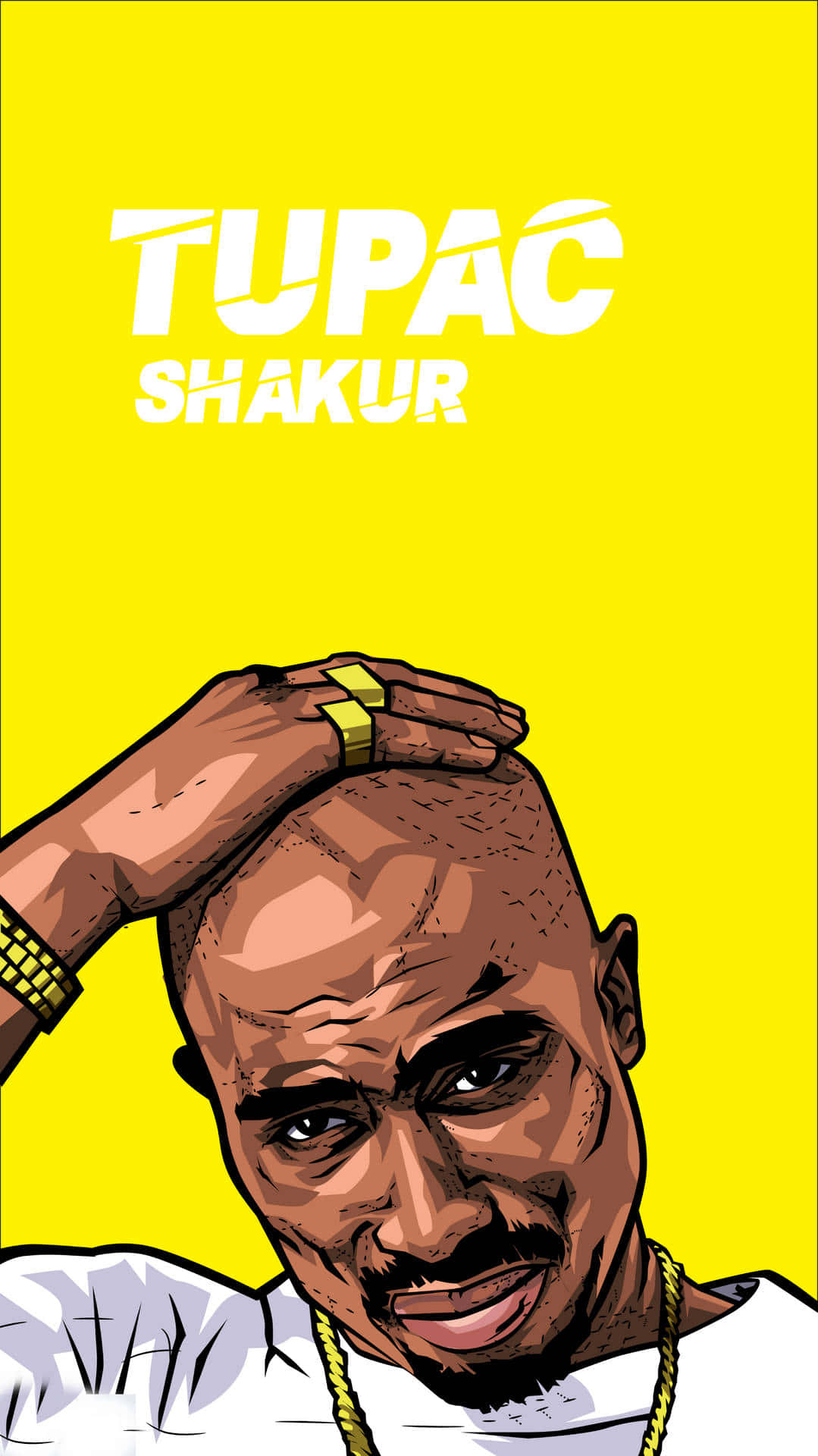 Tupac 桌布 壁紙 — Tupac Shakur 嘅大膽卡通肖像，背景係鮮黃色，佢隻手放喺頭上。