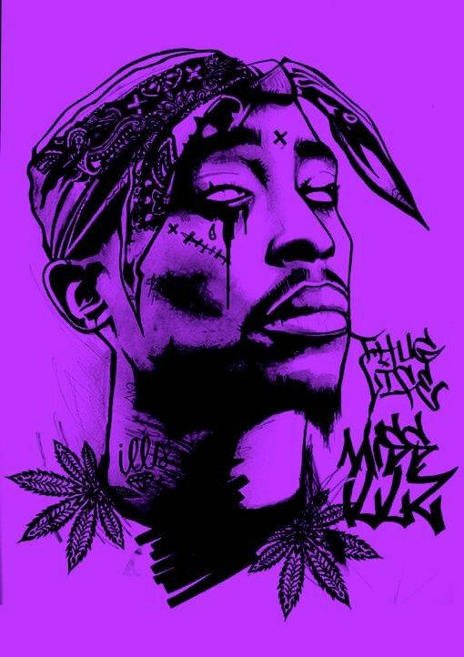 Tupac Shakur 的紫色和黑色插圖，帶有頭巾、淚滴和大麻葉。