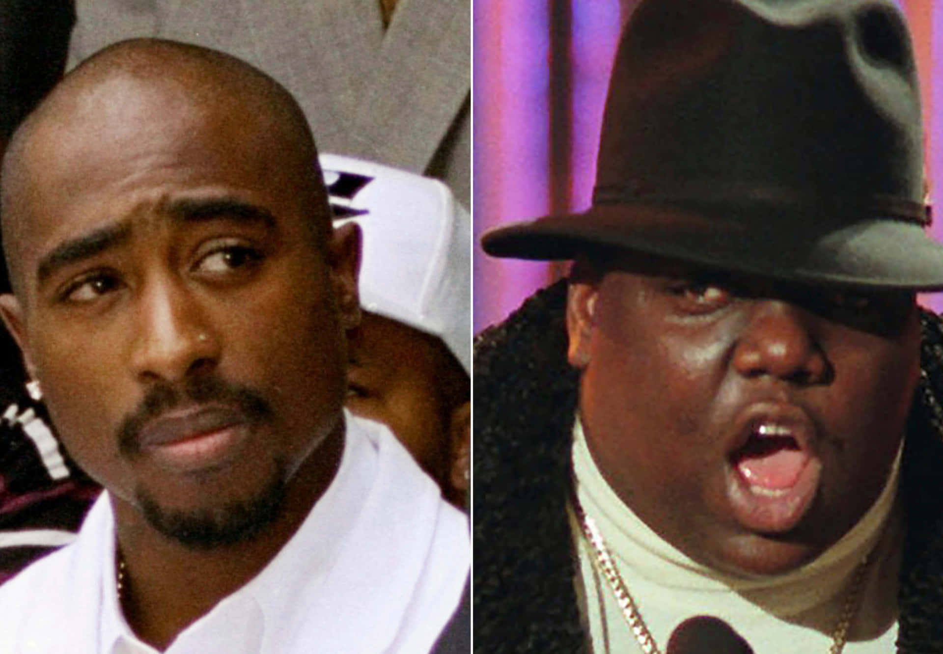 Tupac Shakur 與 Biggie Smalls 在音樂表演中的分割肖像。