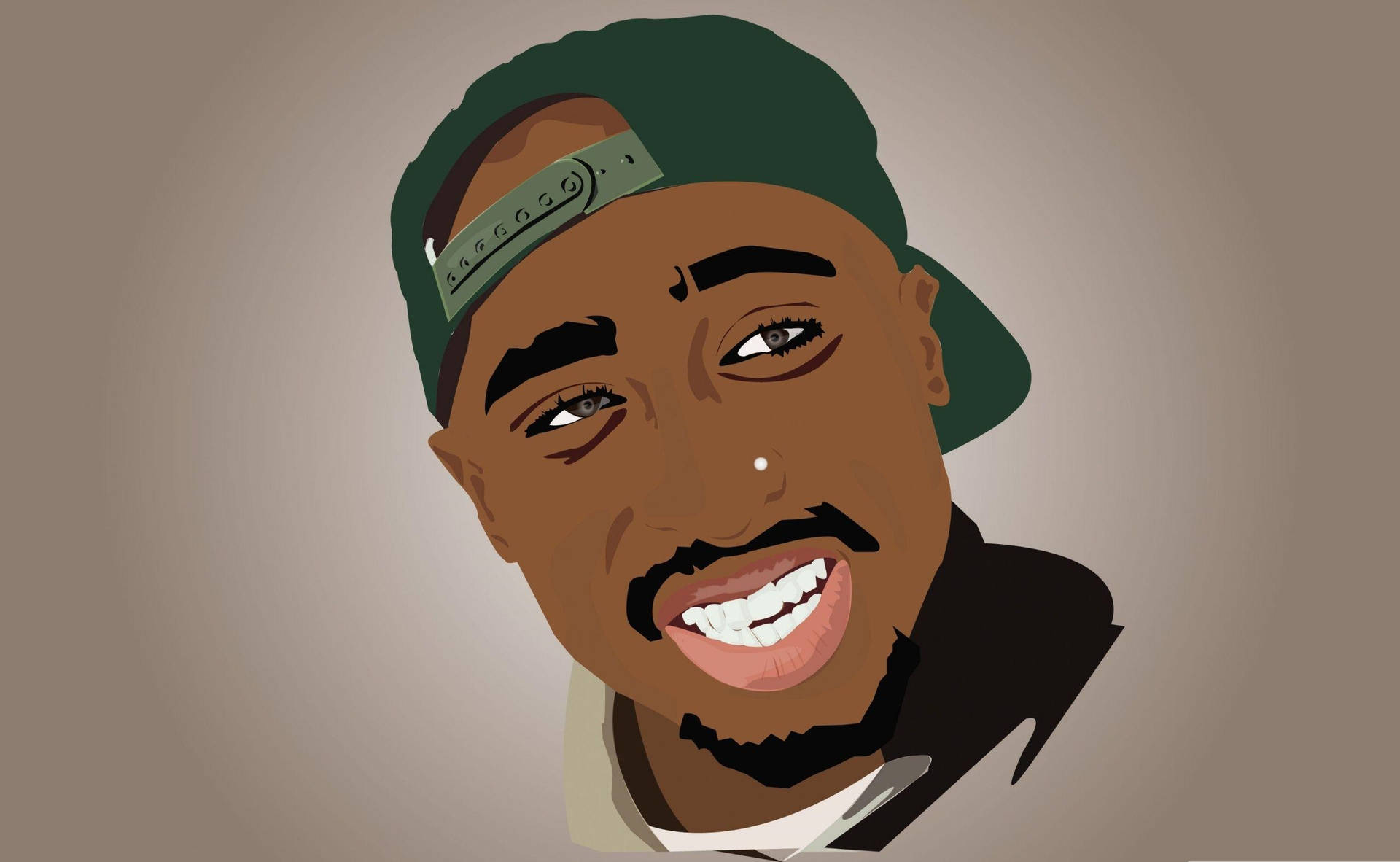 Tupac Shakur 戴著綠色帽子微笑的插圖。