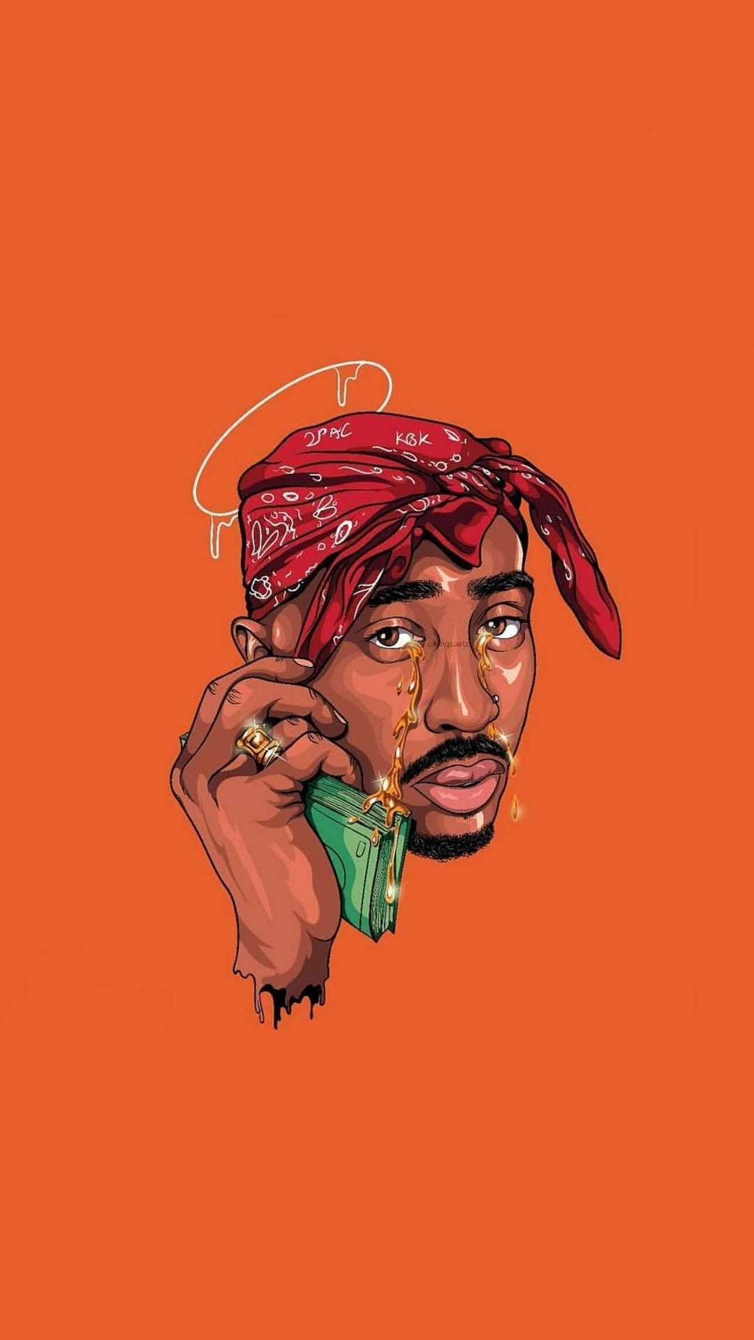 Tupac Shakur插圖，戴紅色頭巾，手持綠色槍支，有金色液體滴落