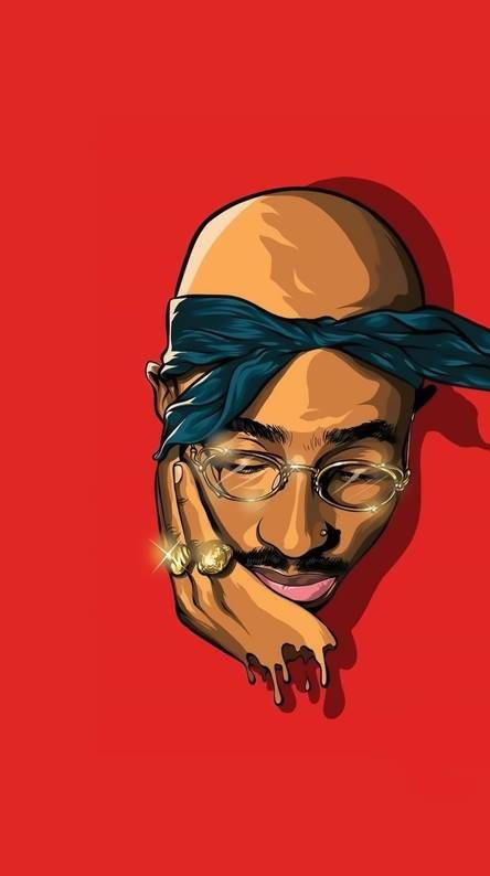 Tupac Shakur 肖像，戴藍色頭巾和金戒指，紅色背景