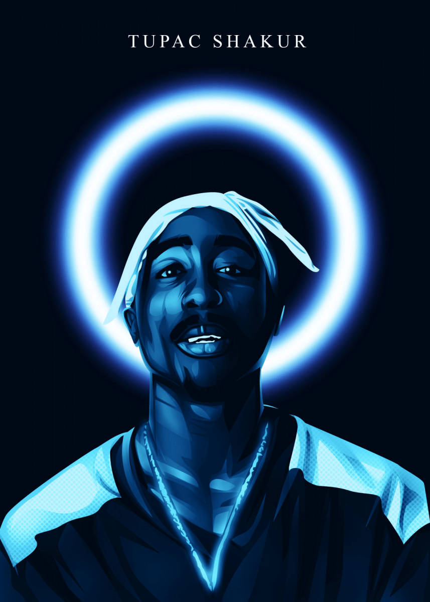 Tupac Shakur 肖像，在黑暗背景上帶有發光的藍色光環。