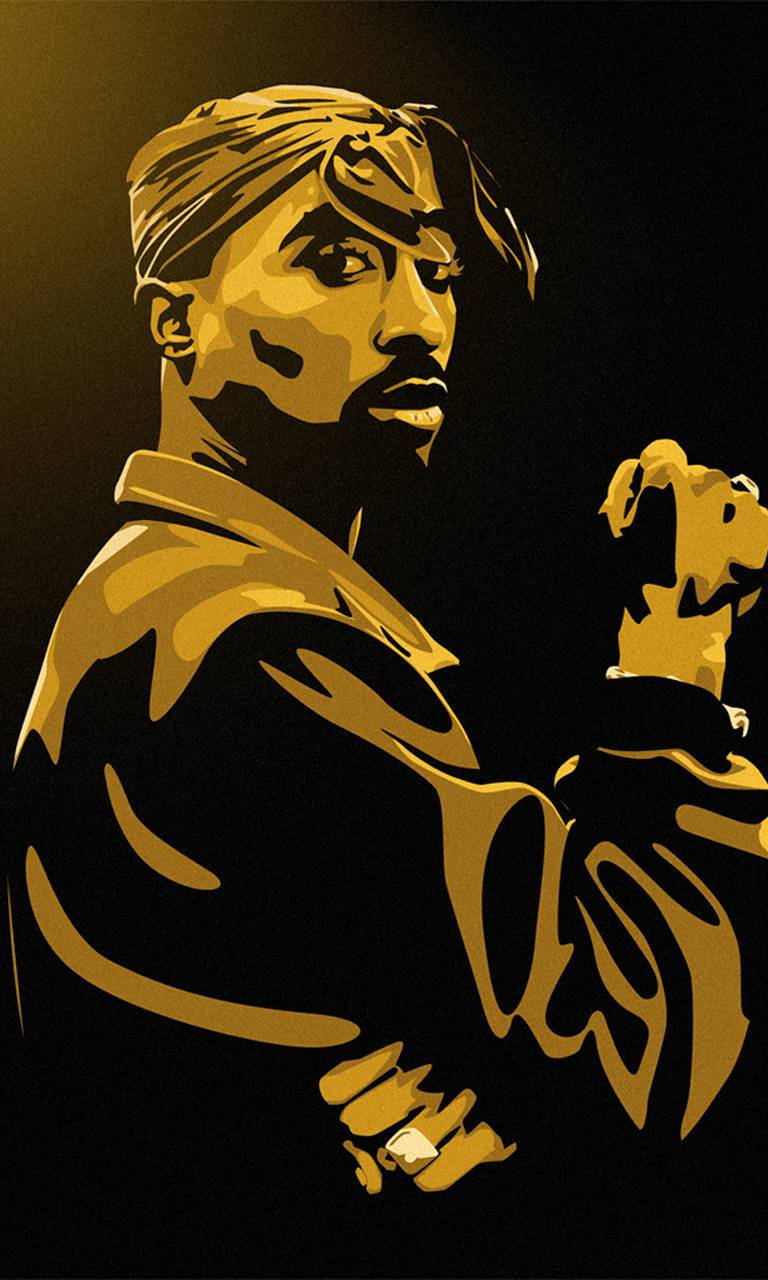 Tupac Shakur 側面輪廓的金色插圖肖像，旁邊有一隻狗。