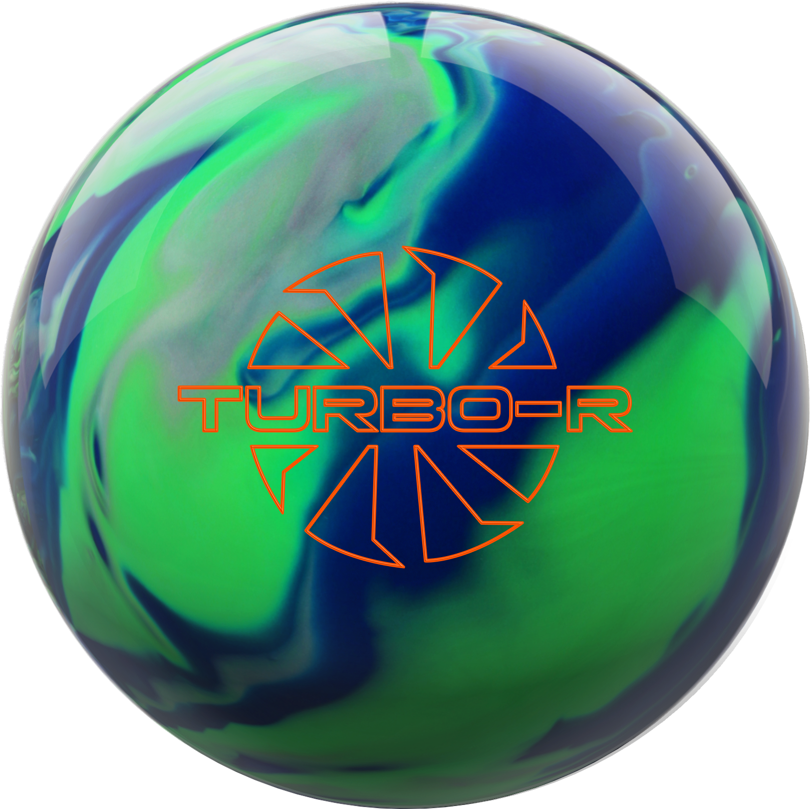 彩色 Turbo R 保齡球 壁紙 — 一個光澤的保齡球，帶有旋轉的綠色、藍色和紫色色調，以及橙色 'TURBO-R' 標誌，背景為黑色。