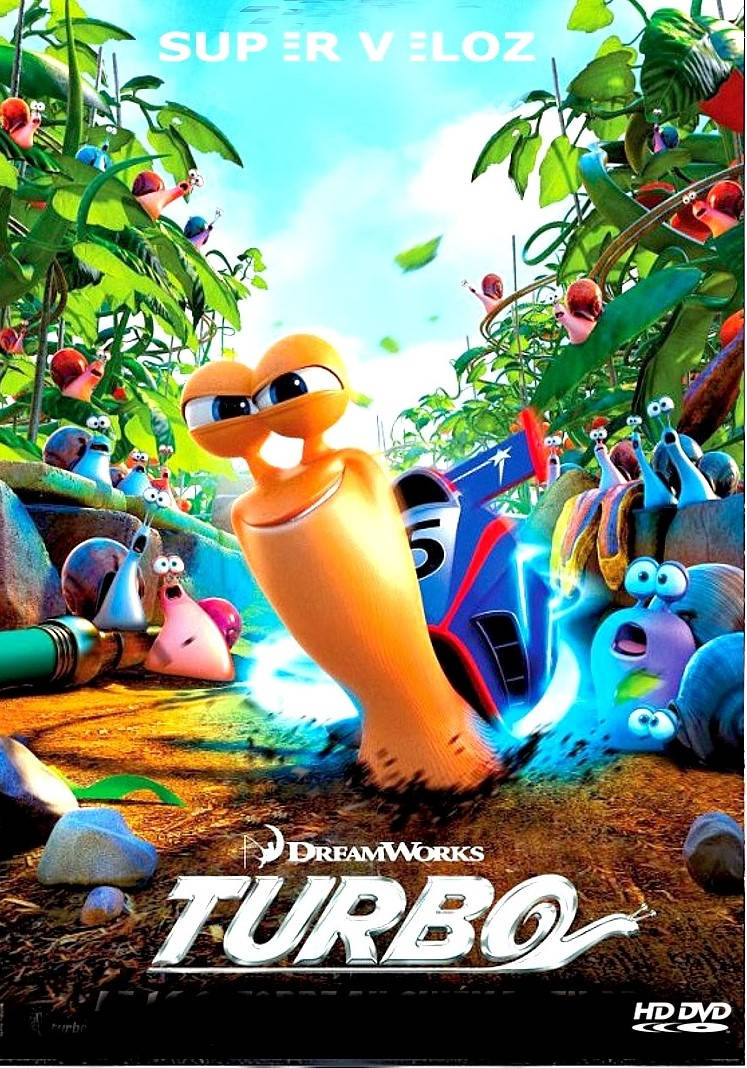 《Turbo》2013電影海報 壁紙 — 一隻堅定的橙色蝸牛在茂密的綠色花園中疾馳，其他蝸牛驚訝地觀看。