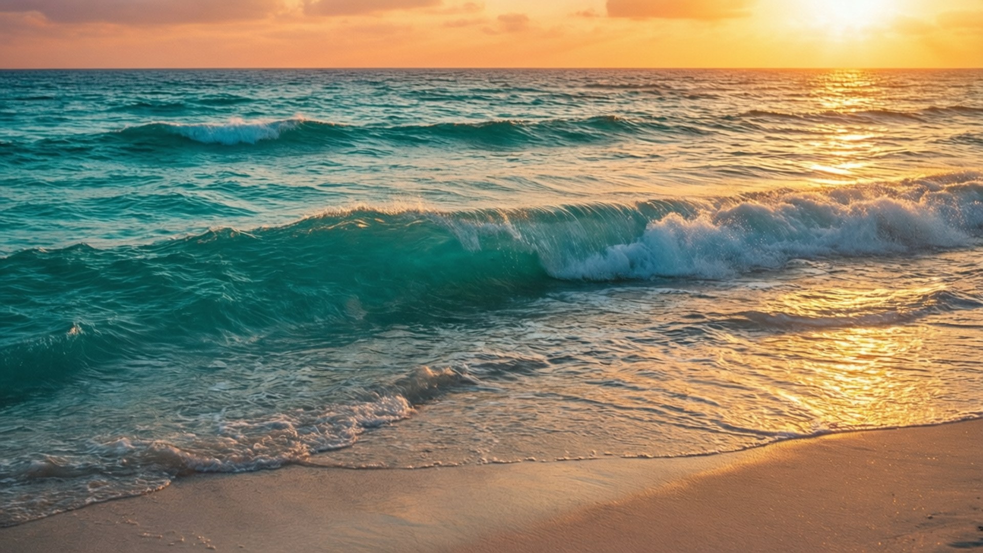 夕陽下的海洋，藍綠色海浪拍打沙灘