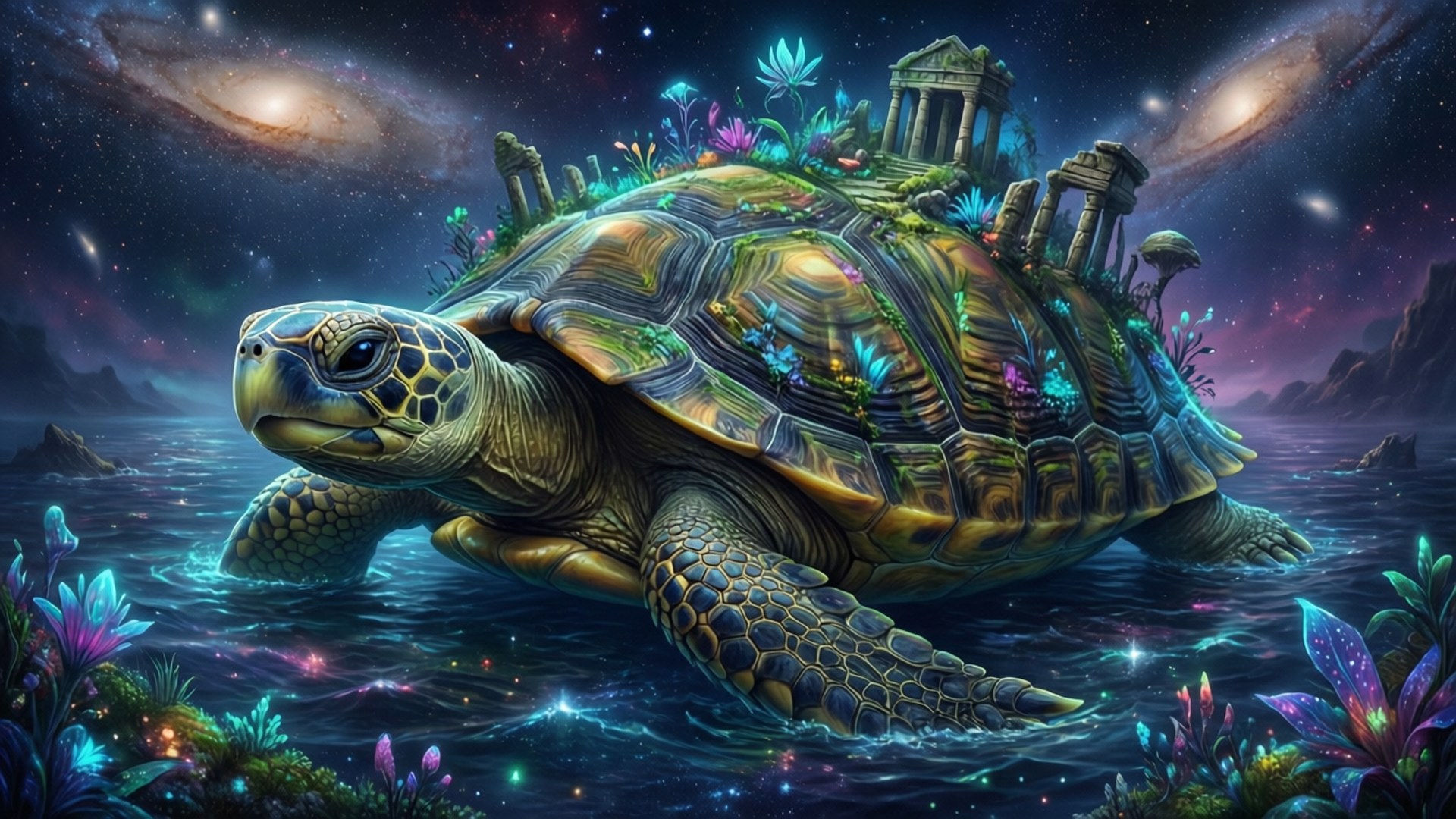 巨龜在宇宙海洋中游泳，背負著發光的島嶼，島上有遺跡和霓虹植物
