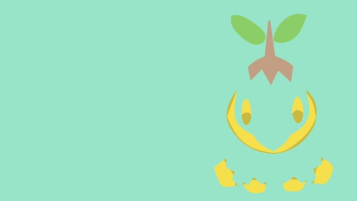 極簡風格薄荷綠 Turtwig 壁紙 — 一個極簡風格、造型化的黃綠卡通生物，有葉狀耳朵和破碎的貝殼碎片，背景是薄荷綠色。