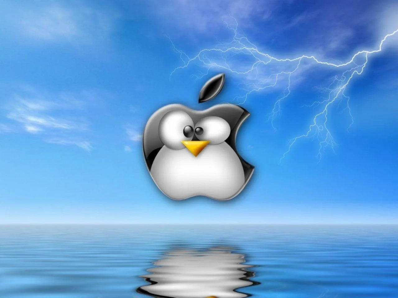 帶有Apple標誌頭部的企鵝在風暴閃電的天空下漂浮在水面上。