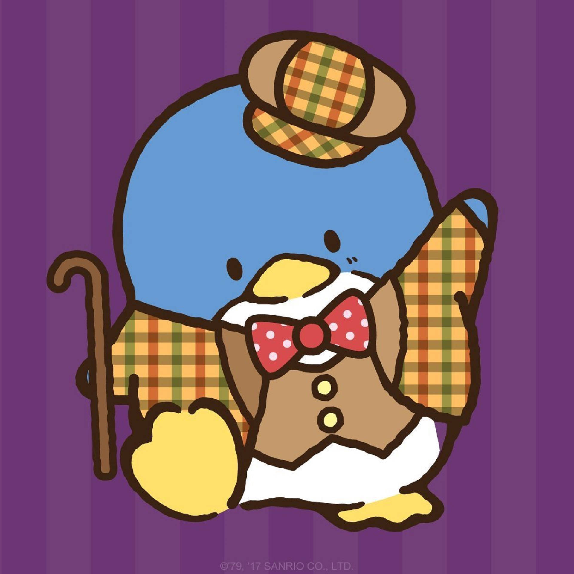 Tuxedo Sam 睽違時尚企鵝 壁紙 — 一隻可愛的藍色企鵝，戴著格仔帽和背心，繫著紅色圓點蝴蝶結，坐在紫色條紋背景前。