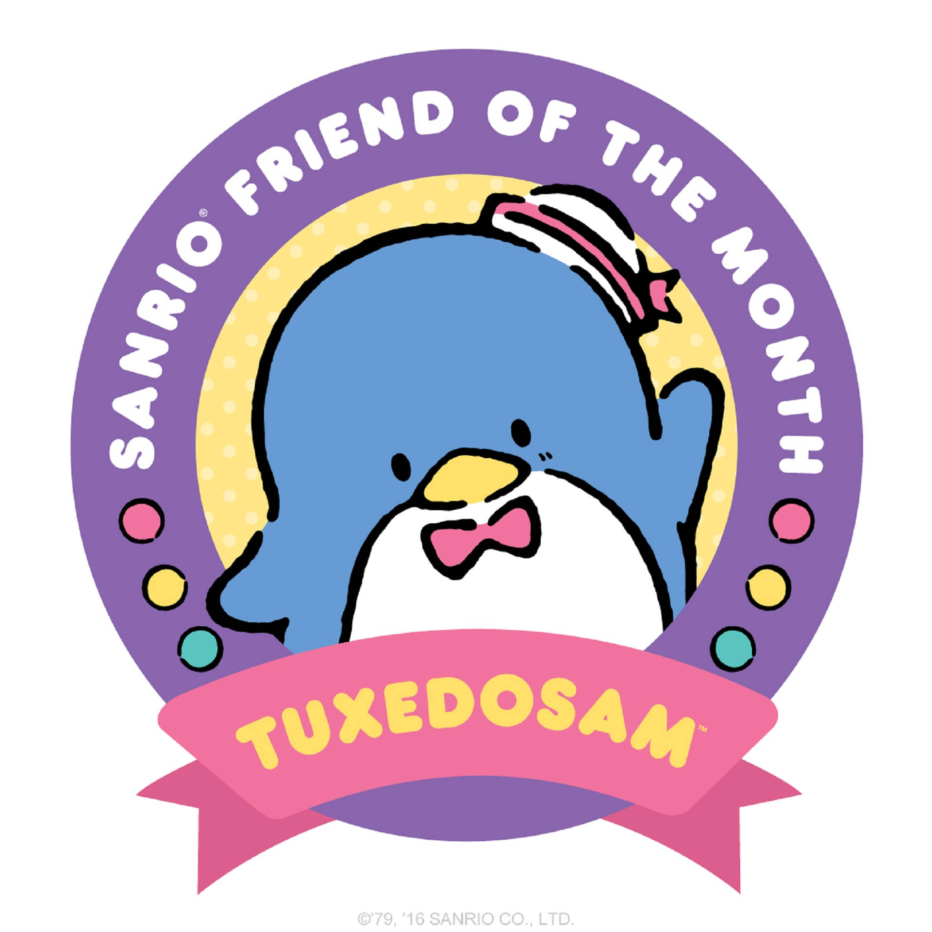 Tuxedo Sam 三麗鷗朋友標誌 壁紙 — 一隻名叫Tuxedosam的快樂藍色企鵝角色，戴著粉紅色蝴蝶結和水手帽，位於色彩繽紛的圓形徽章內。