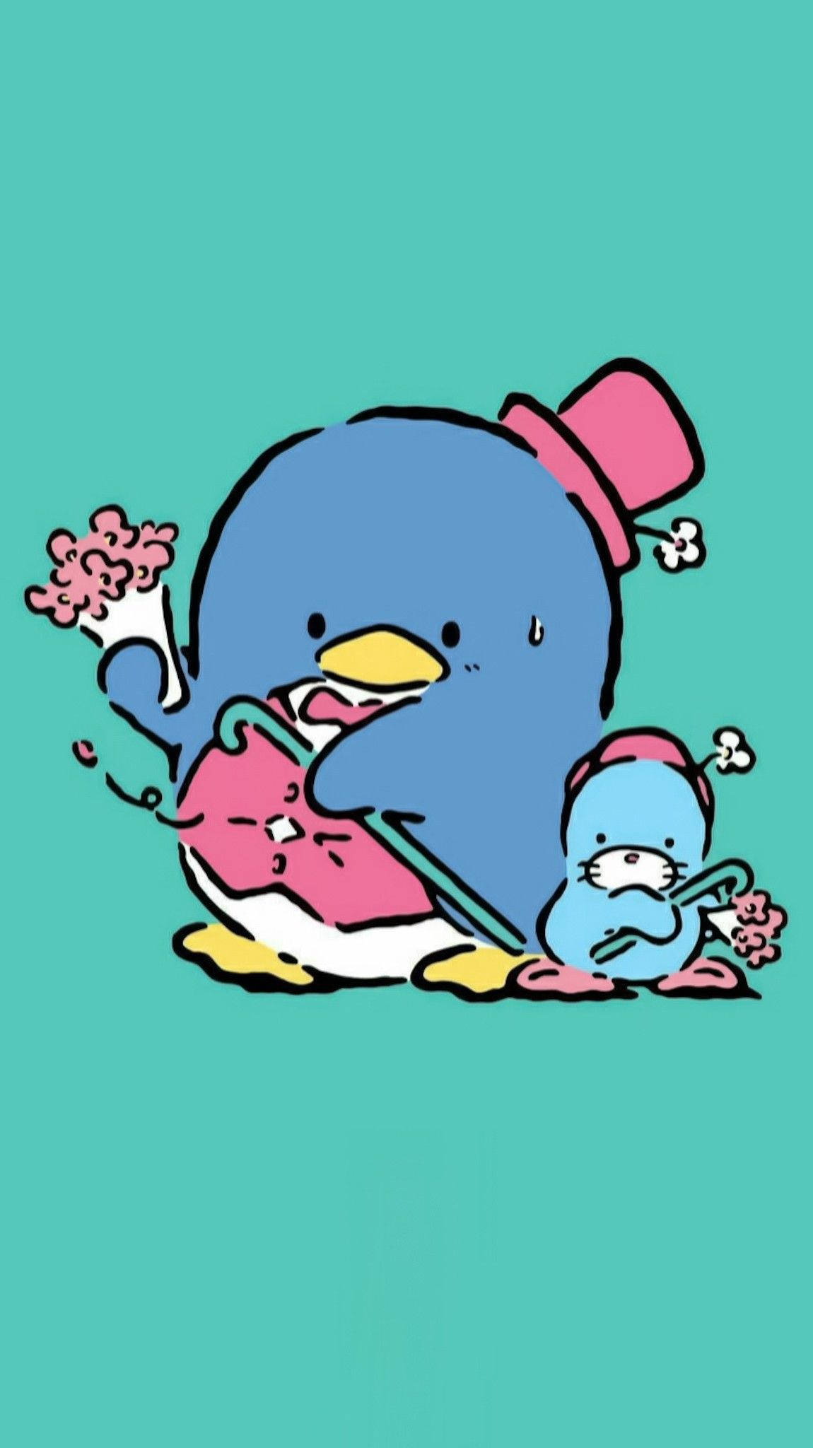 Tuxedo Sam 三麗鷗朋友 Chip 壁紙 — 兩隻可愛的藍色企鵝角色戴著粉紅色帽子，在青綠色背景前開心地吃著粉紅色甜甜圈。