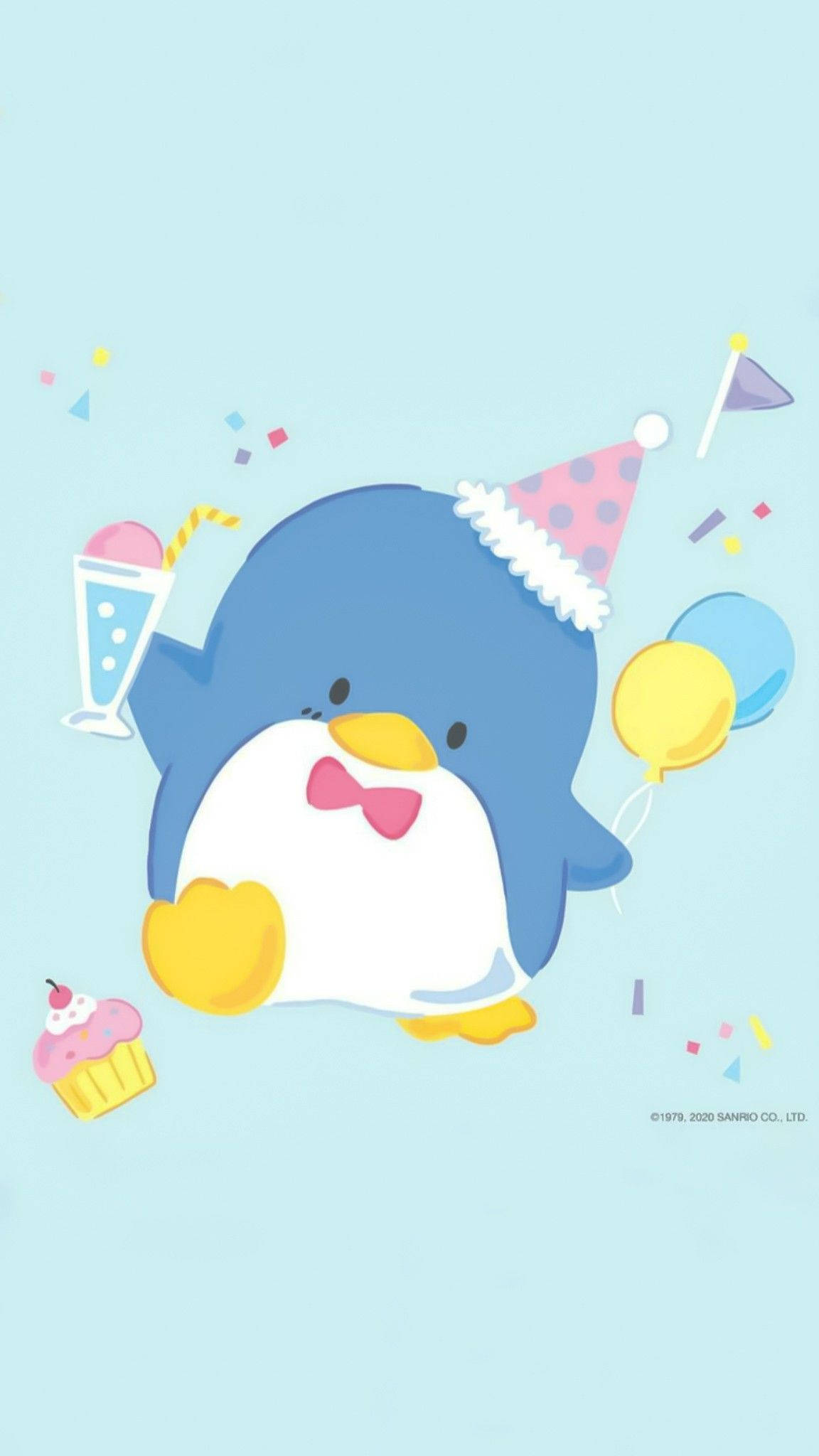 Tuxedo Sam 生日派對風情 壁紙 — 一隻可愛的藍色企鵝戴著派對帽，拿著氣球和飲料，周圍有五彩紙屑和一個紙杯蛋糕，背景是淺藍色。