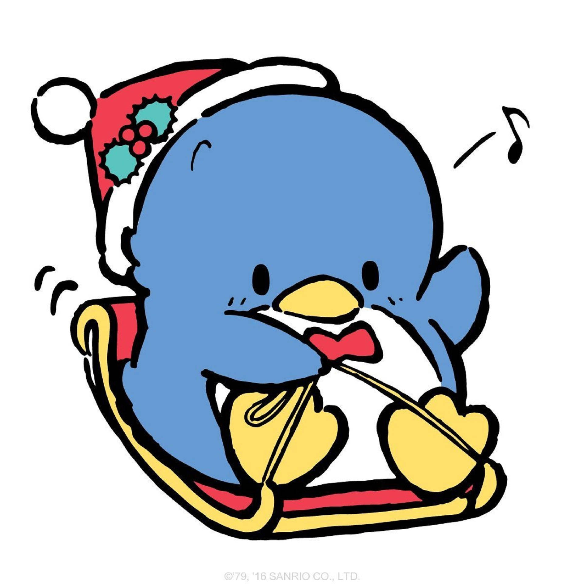 Tuxedo Sam 聖誕節假期 壁紙 — 一隻藍色卡通企鵝戴着紅色聖誕帽，坐在雪橇上愉快地拉小提琴，周圍漂浮着音符。