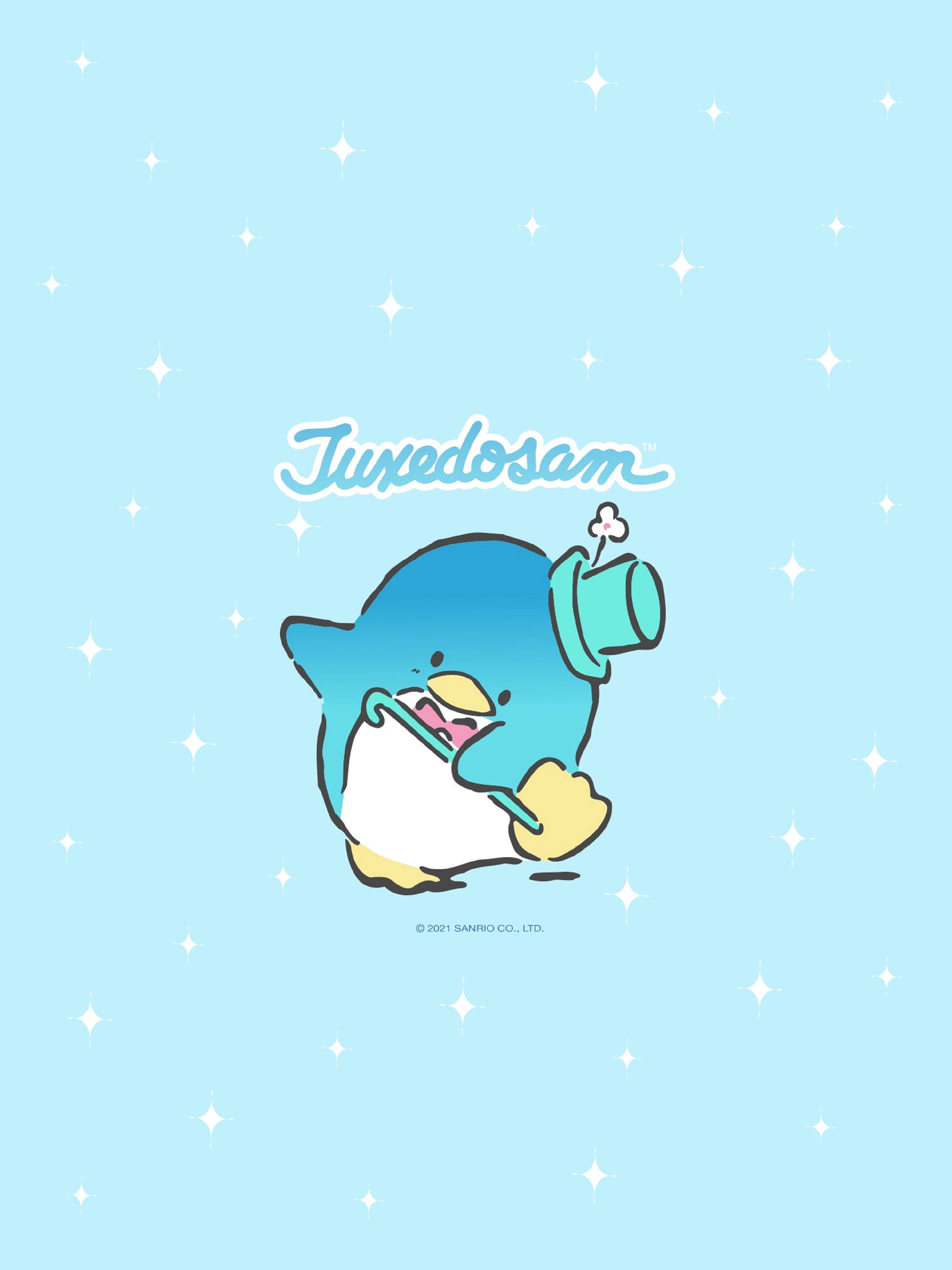 Tuxedo Sam 舞蹈藝術 壁紙 — 一隻可愛的藍色企鵝戴著高帽和領結，在淺藍色星空背景下微笑著拿著手杖。