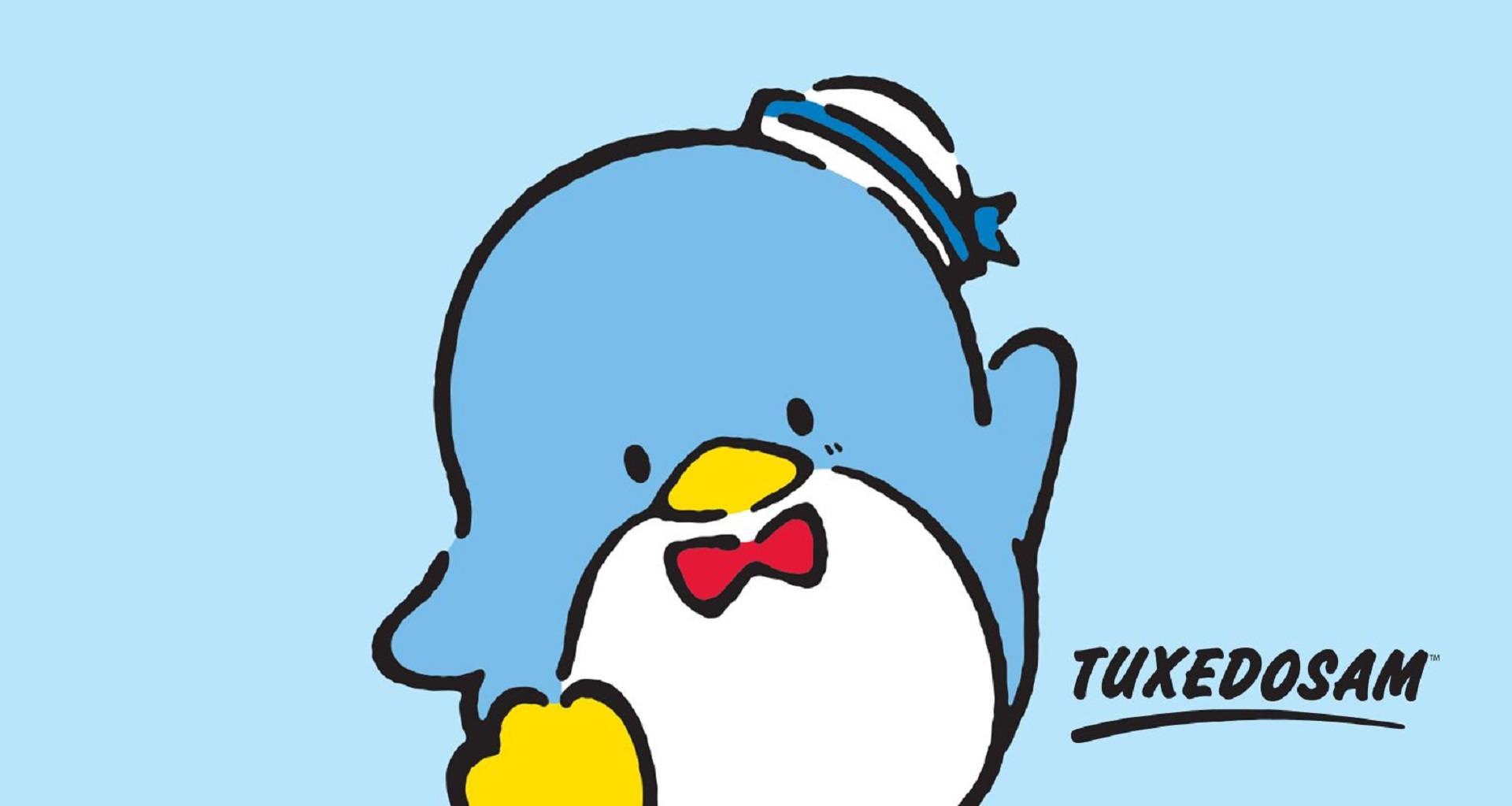 Tuxedo Sam 藍色企鵝三麗鷗 壁紙 — 一隻戴著水手帽和紅色領結的開心藍色企鵝在淺藍色背景上微笑。
