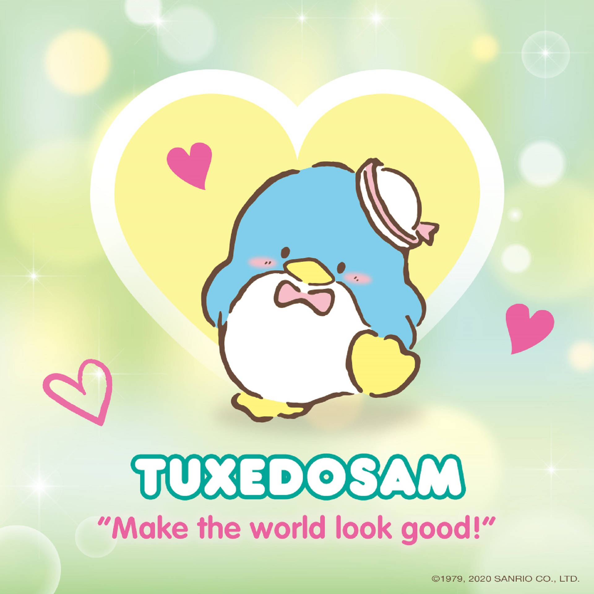 Tuxedo Sam 讓世界更美好 壁紙 — 一個可愛的藍色企鵝角色，戴著蝴蝶結和水手帽，站在一個大心形內，周圍環繞著漂浮的心形和閃光。