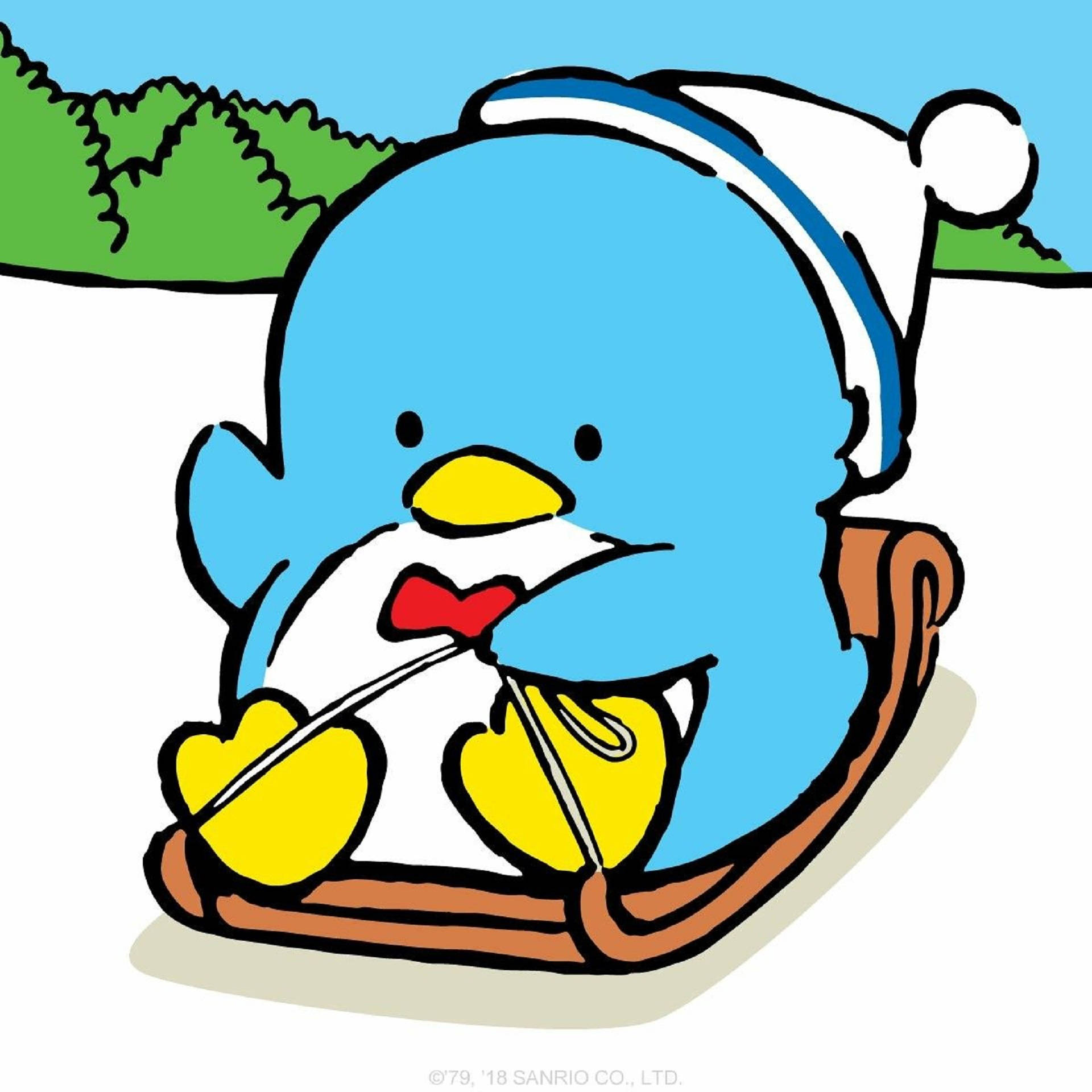 Tuxedo Sam冬季奧運 壁紙 — 一隻快樂的藍色企鵝戴著聖誕帽和紅色蝴蝶結，在簡單的綠色山丘和藍天背景下騎著棕色雪橇。