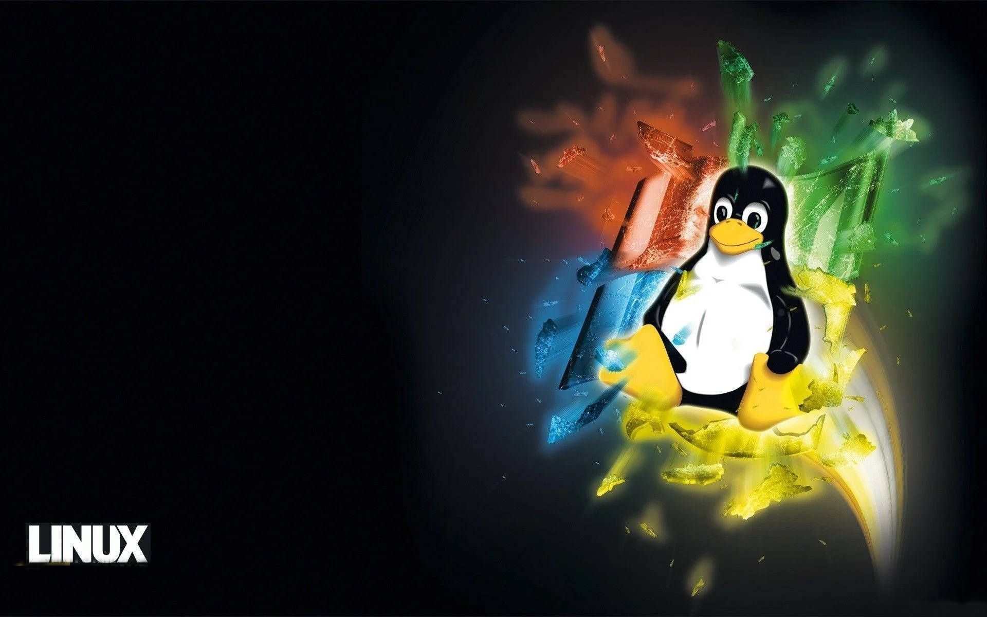 Linux 企鵝衝破數碼爆炸，帶有彩色碎片。