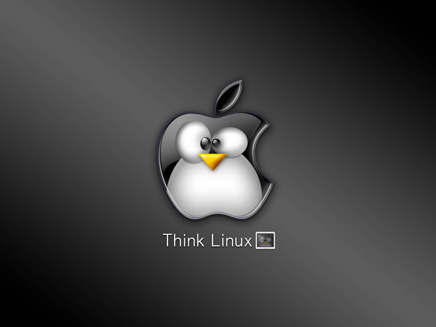 光澤蘋果標誌帶企鵝臉及Think Linux文字，深色背景
