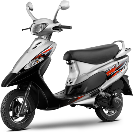 TVS Scooty Pep Plus 側視圖 壁紙 — 一部時尚的銀黑色電單車，帶有紅色點綴，孤立在純白色背景上。