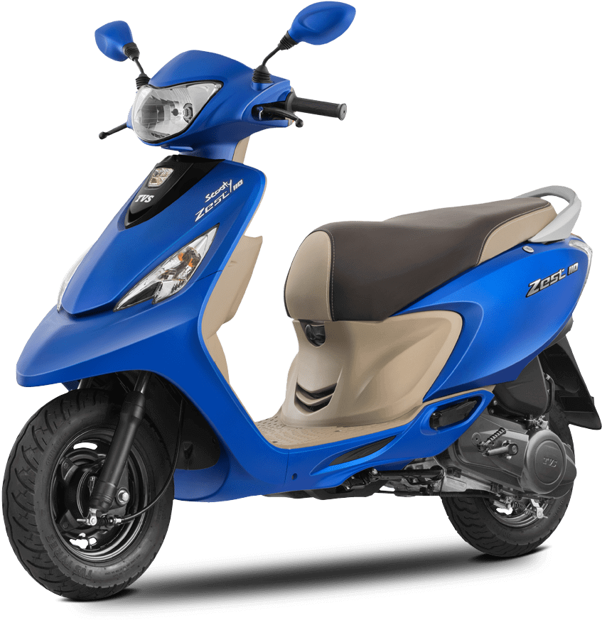 藍色TVS Scooty Zest 110車型攝影 壁紙 — 一輛充滿活力的藍色滑板車，帶有米色點綴和黑色座椅，在純黑背景下脫穎而出。