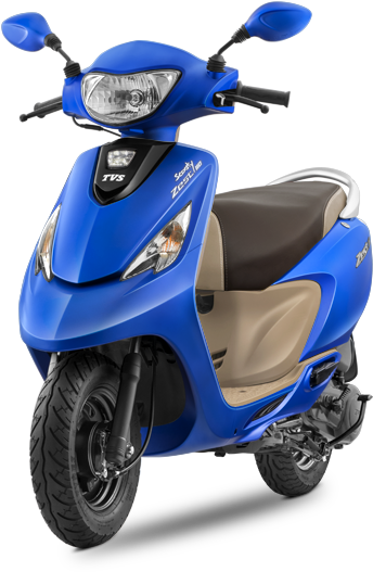 藍色TVS Scooty Zest110側視圖 壁紙 — 一輛充滿活力的藍色滑板車，配米色座椅和黑色裝飾，在白色背景的攝影棚燈光下展示。