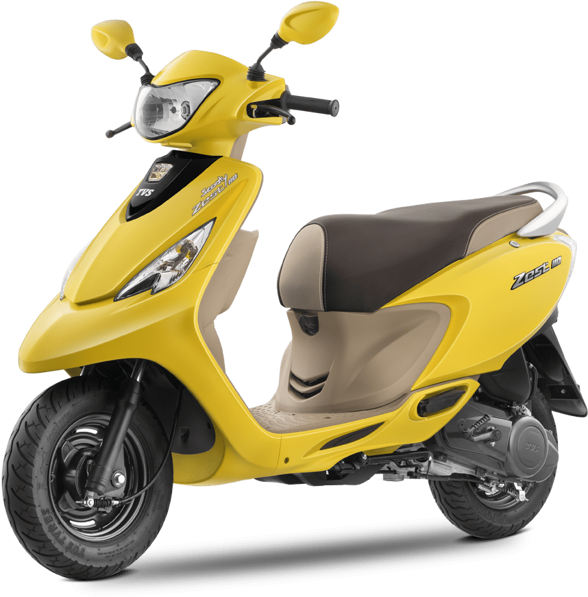 黃色踏板車TVS Zest模型 壁紙 — 一輛亮黃色的滑板車，帶有米色點綴和黑色座椅，在純白背景下格外突出。