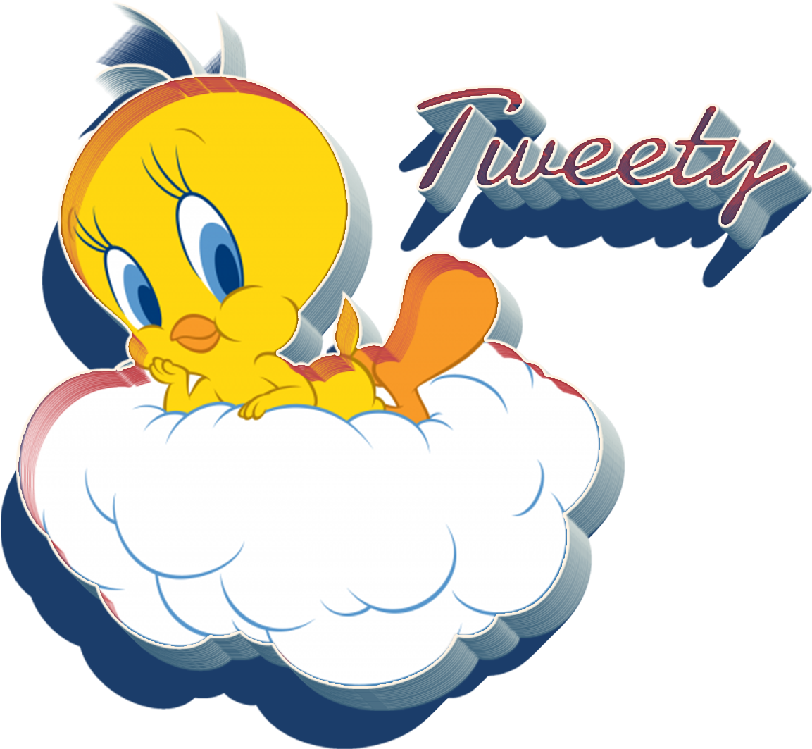 Tweety 鳥坐雲朵上 壁紙 — 一隻快樂的黃色卡通鳥，藍色眼睛，在黑色背景上躺在蓬鬆的白雲上。