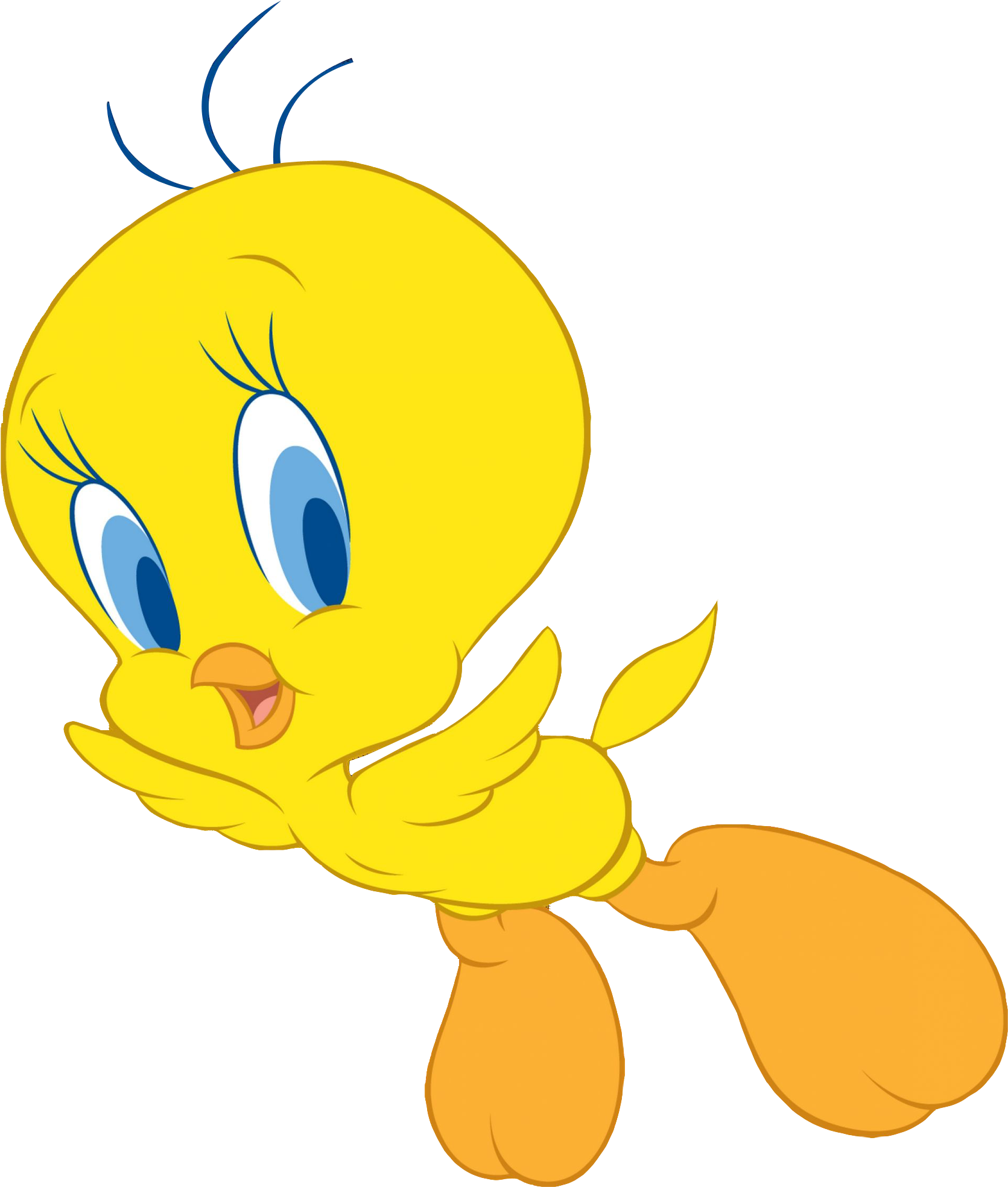 Tweety 鳥可愛姿勢 壁紙 — 一隻快樂的黃色卡通鳥，藍色眼睛，頭頂有一簇藍色羽毛，用翅膀遮住嘴巴。